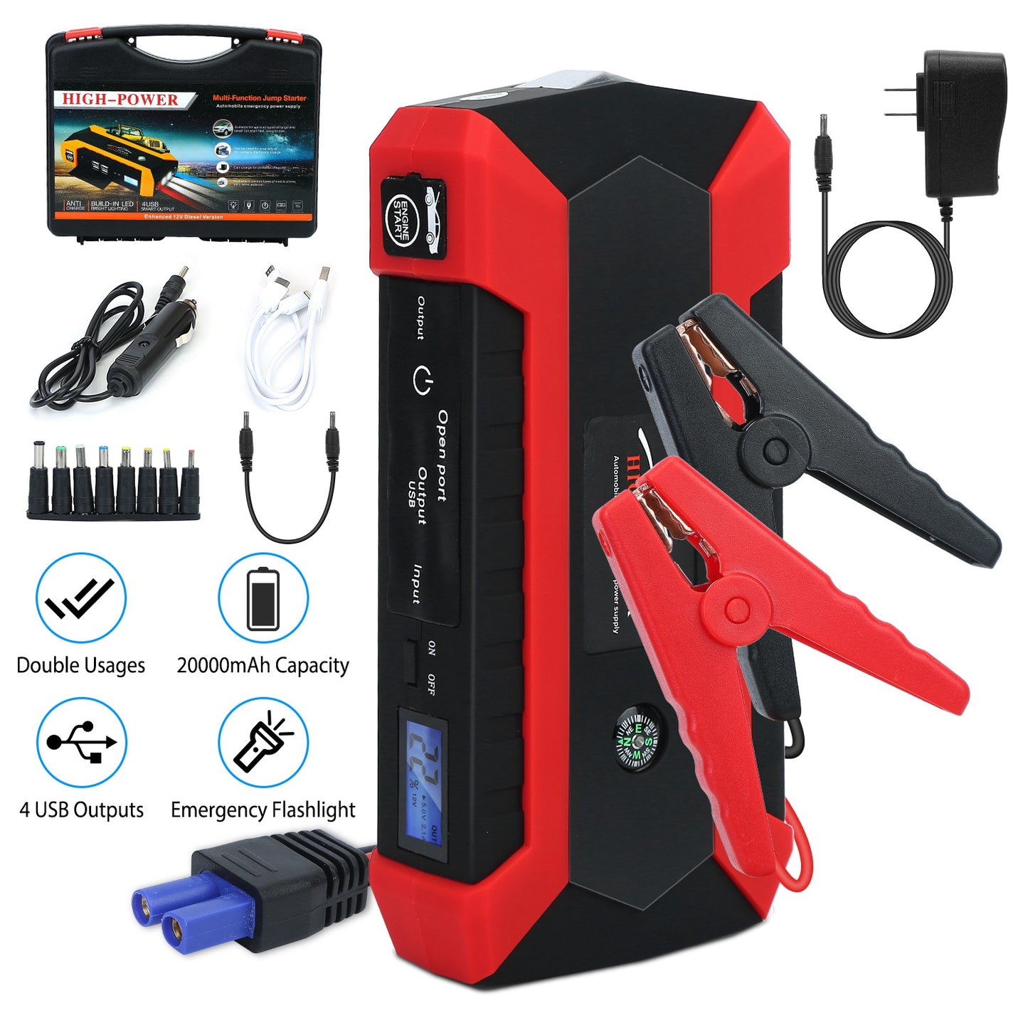 LJGelectro - Car Jump Starter Booster 1000A Peak 20000mAh 12V Battery Charger (Up to 6.0L Gas or 3.0L Diesel Engine) w/ LCD Screen 3 Modes LED Flashlight