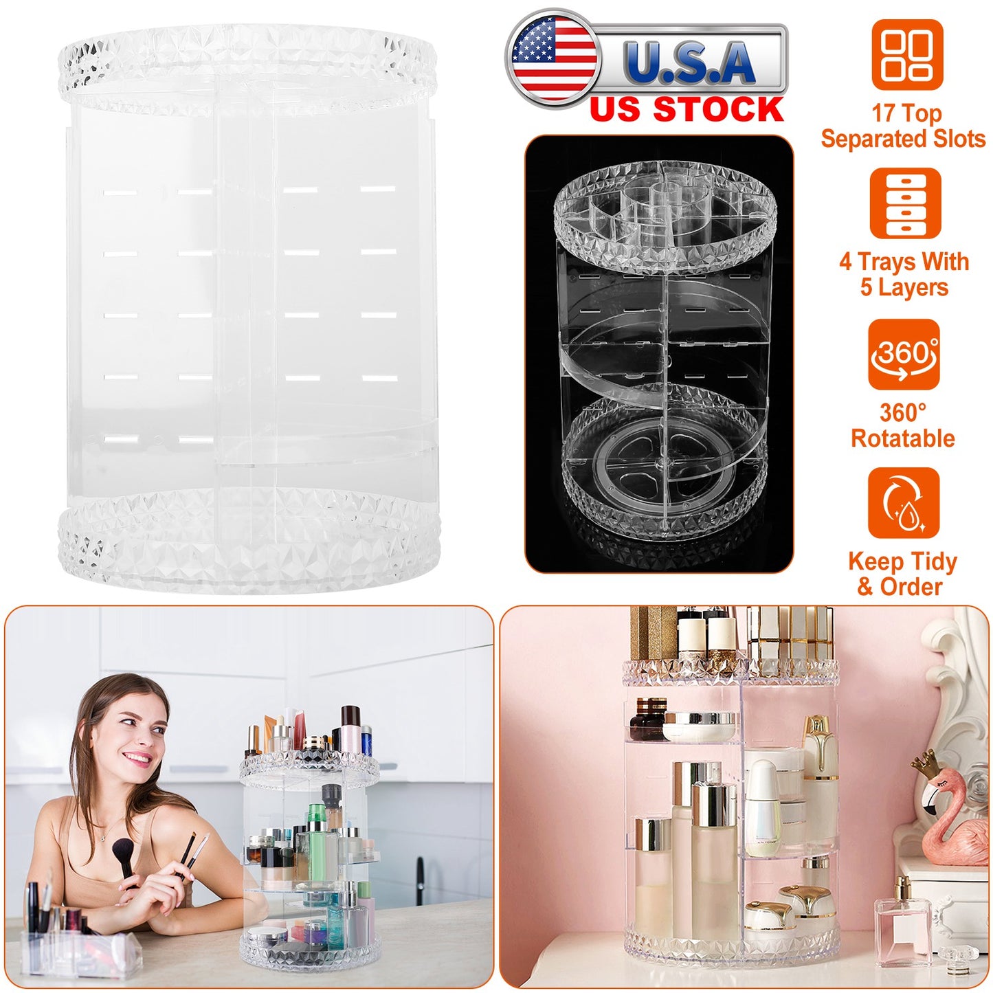 LJGelectro - 360° Rotating Makeup Organizer Clear Cosmetic Storage Rack Transparent Jewelry Display Box Case with 4 Trays One 17-Slot Top Shelf