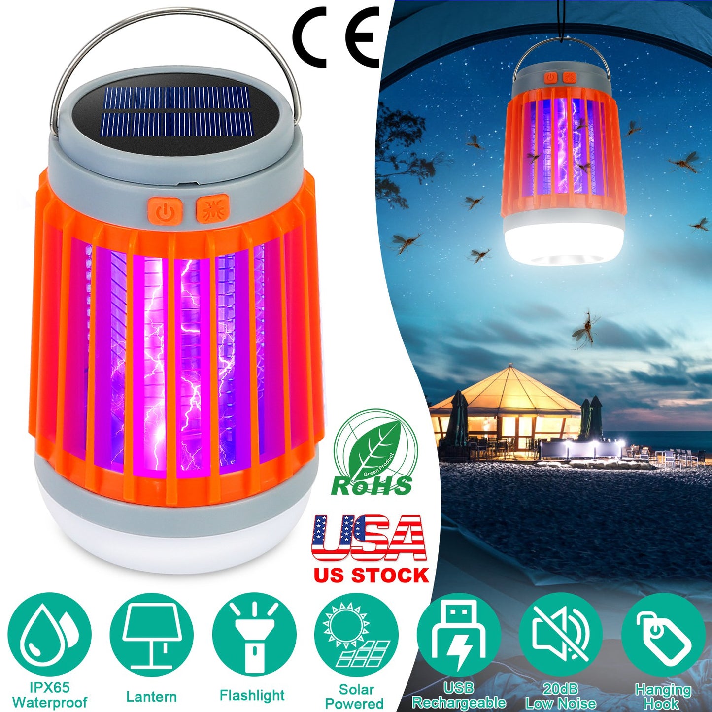 LJGelectro - Solar USB Electric Bug Zapper Mosquito Insect Killer Lamp Portable UV Light Bulbs Fly Trap Catcher w/ 5 Light Modes Hanging Hook