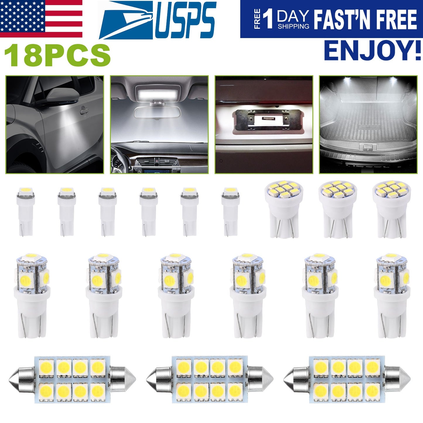 LJGelectro - 18Pcs T10/T5/41mm Festoon LED Light Bulb Interior Dome Map instrument LED Lights License Plate Trunk Side Positioning Lights 6000K White