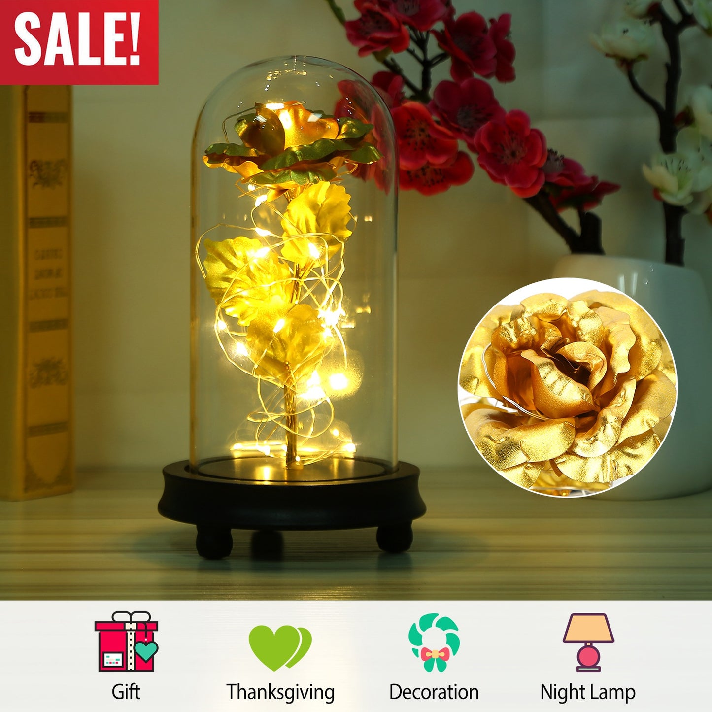 LJGelectro - Foil Rose LED String Light Rose Fairy Lamp w/ Glass Dome For Valentines’ Day Mother’s Day Wedding Birthday