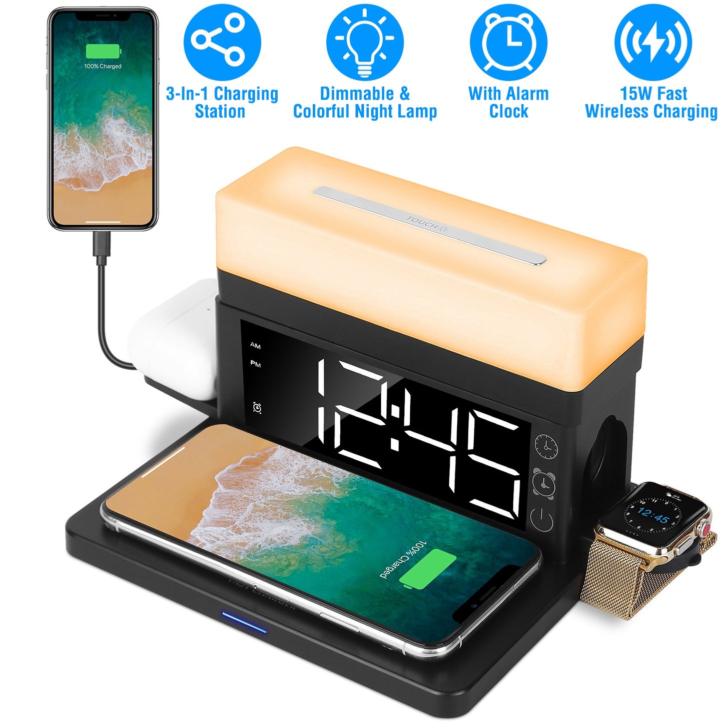 LJGelectro - 3 in 1 Wireless Charger Fast Charging Station Dock with Alarm Clock and Dimmable Colorful Night Light Fit for iPhone 14/13/12/11/Pro Max/iWatch/AirPod