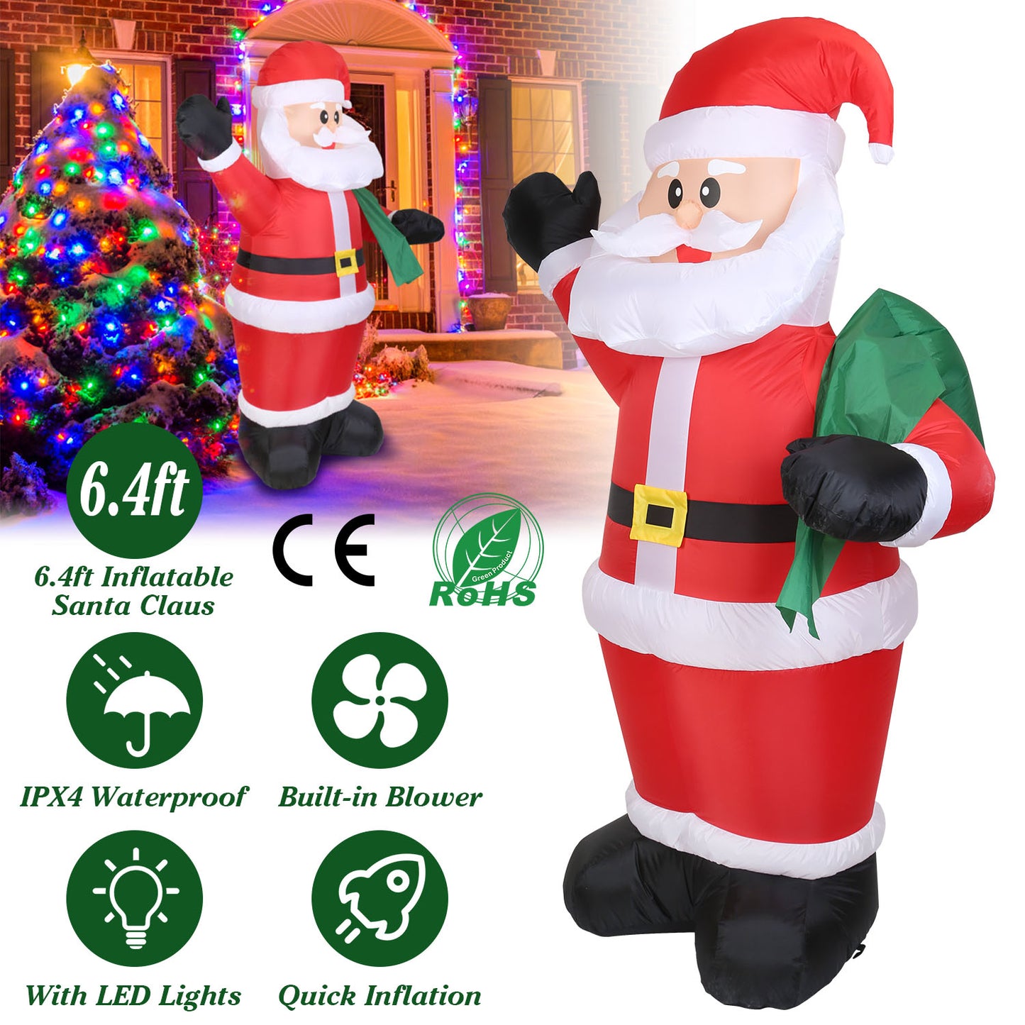 LJGelectro - 6.4ft Inflatable Christmas Giant Santa Claus Blow up Light up Santa Claus with LED Lights Gift Bag IPX4 Waterproof Christmas Outdoor Yard Lawn Holiday