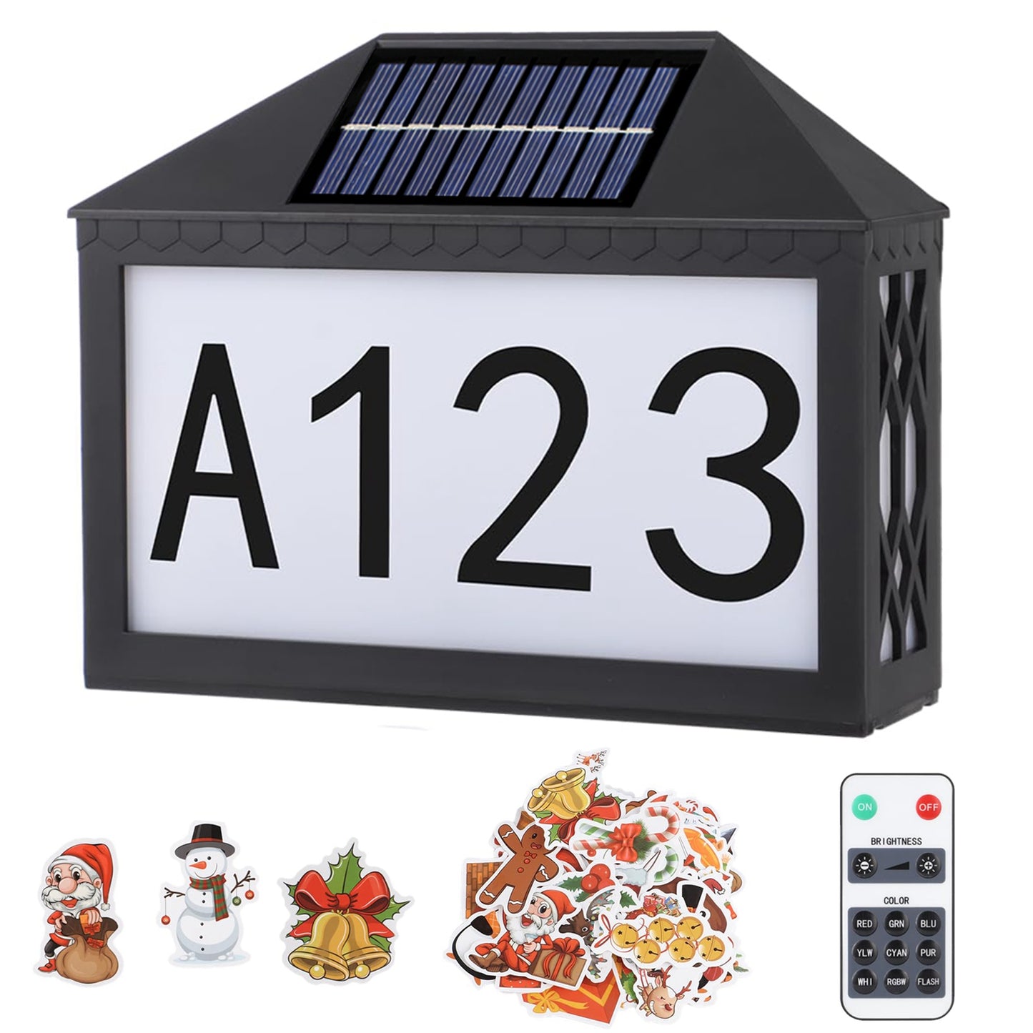 LJGelectro - Christmas Solar Address Sign IP55 Waterproof Colorful House Numbers Plaque Wall Mounted LED Address Sign with 9 Lighting Modes Remote Control for Yard