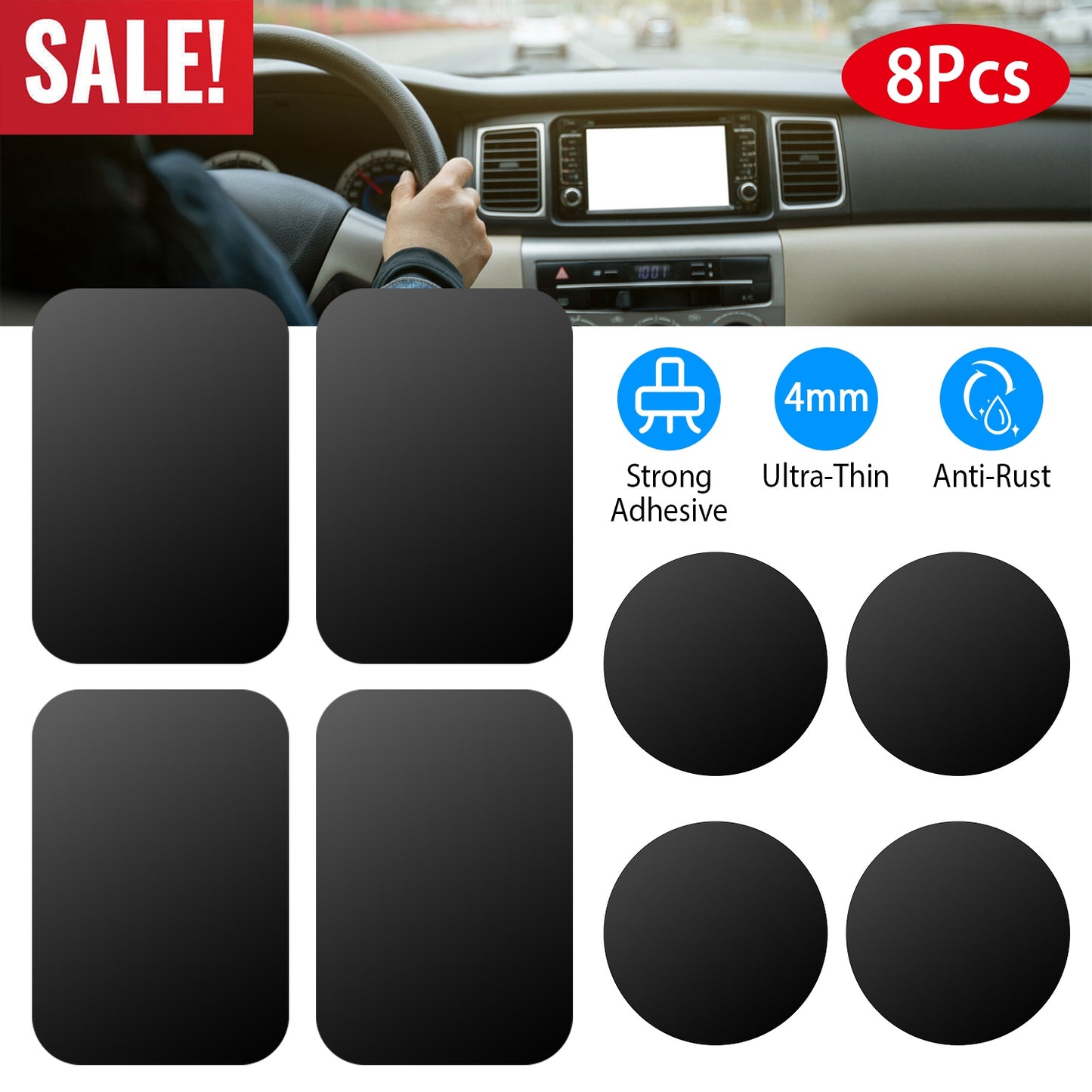 LJGelectro - 8Pcs Universal Metal Plates with Strong Adhesive 4Pcs Round and 4Pcs Rectangle Metal Plates for Magnetic Car Mount Phone Holder