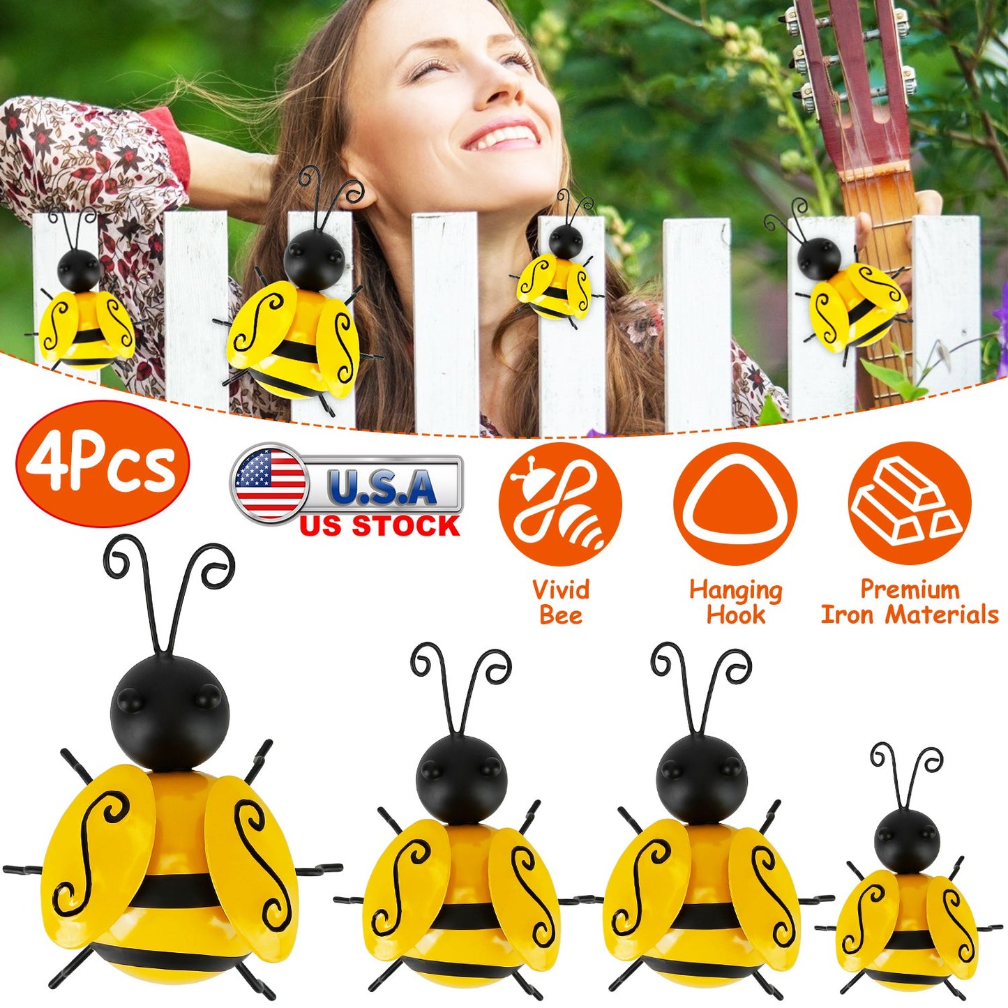 LJGelectro - 4Pcs Bumble Bee Set Ornament 3D Iron Hanging Bee Wall Decor Art Sculpture Statues Decorations For Fence Lawn Bar Living Room