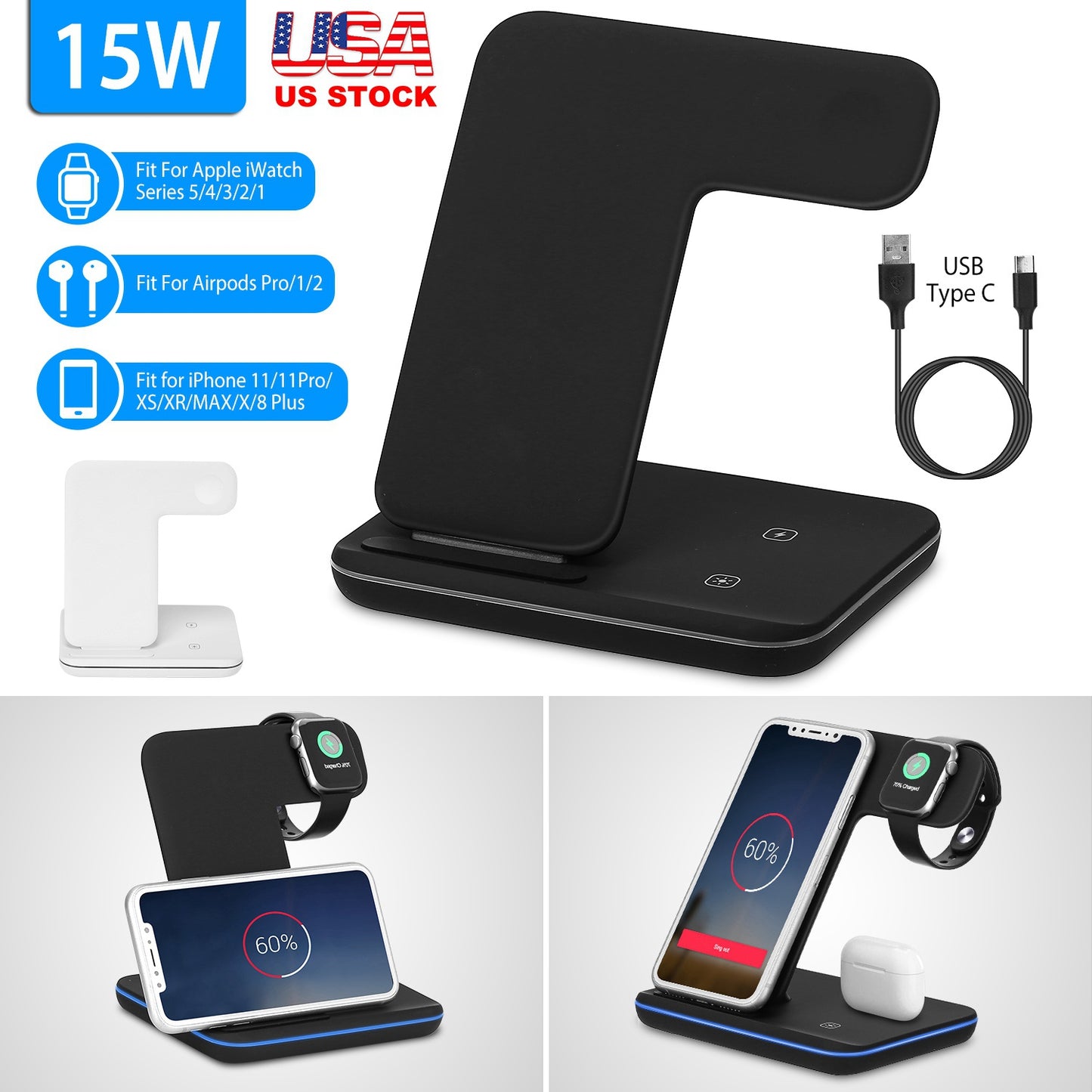 LJGelectro - Wireless Charger 3 in 1 Charger Stand 15W Fast Charging Station Dock for iWatch Series 5/4/3/2/1 AirPods iPhone 11/11 Pro/Xs/X Max/XR/X/8/8Plus Samsun