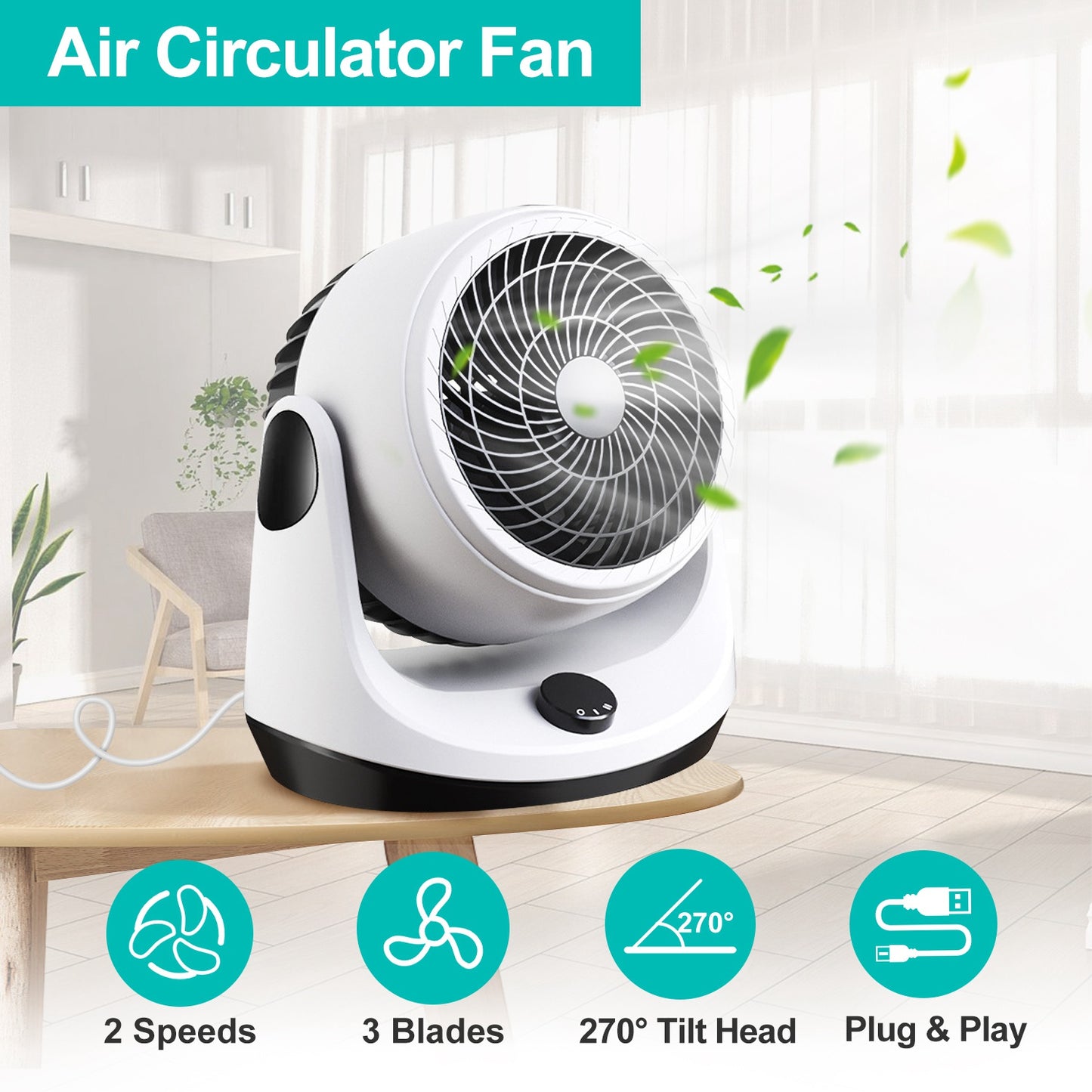 LJGelectro - Table Desktop Fan Air Circulator Office Fan with 2 Speeds 270° Adjustable Head USB Plug Play for Room Office Kitchen Office