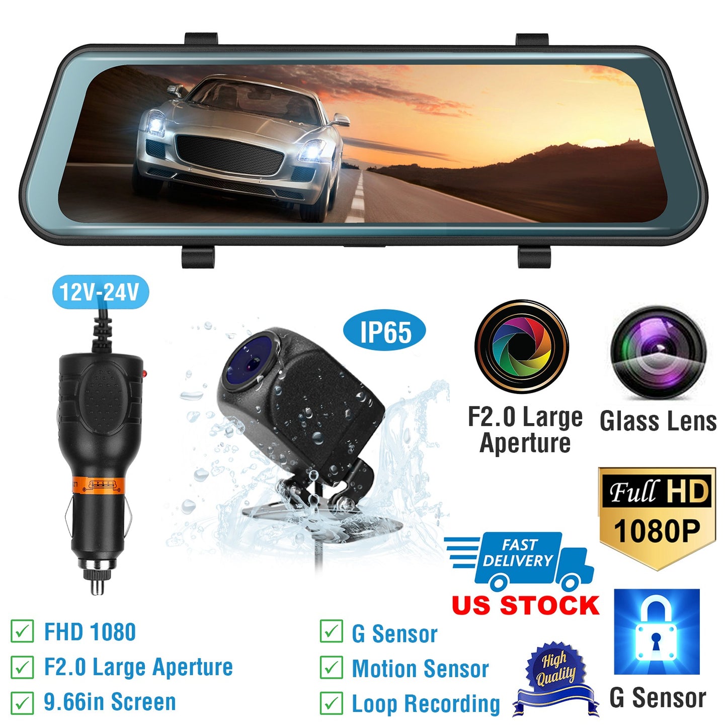 LJGelectro - FHD 1080P Car DVR Dash Camera 9.66In Vehicle Driving Recorder w/ G Sensor Parking Monitoring Seamless Recording