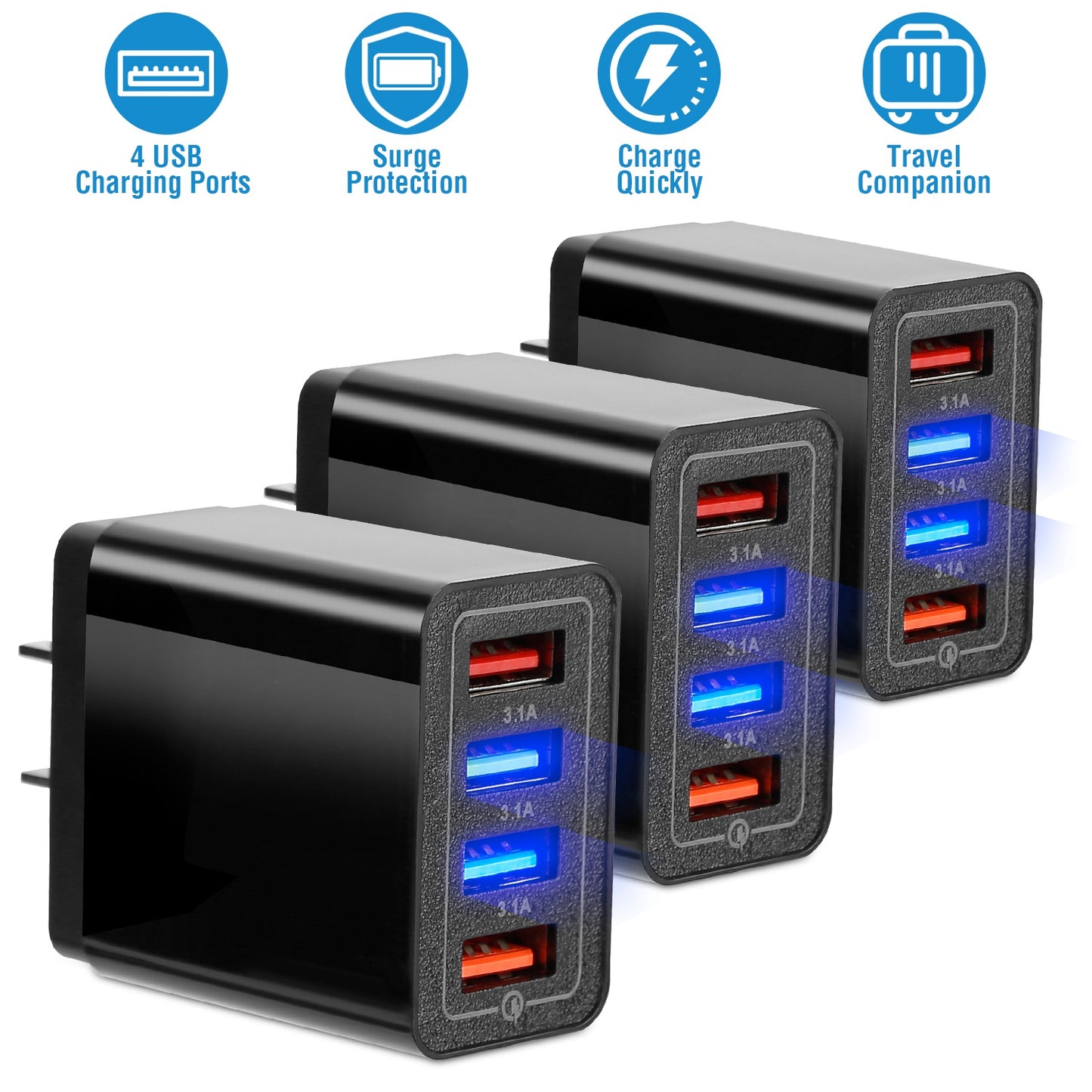 LJGelectro - 3 Packs 4-Port USB Wall Charger USB Hub Charger Wall Power Charging Plug Adapter Fit For Samsung Galaxy S9/S8 Note 8/9 iPhone Pad Tablet and More USB