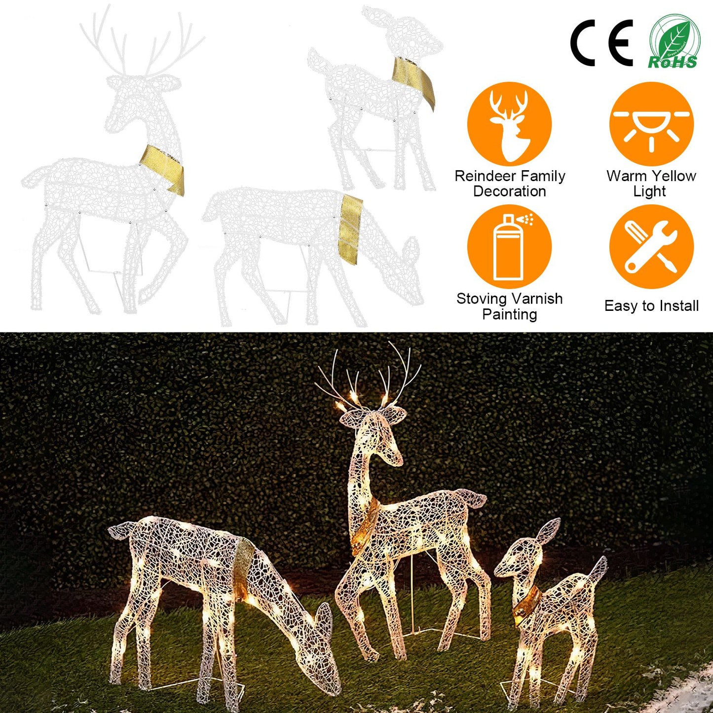 LJGelectro - 3 Sets of Reindeer Family Lighted 2D Christmas Deer Decoration Warm Yellow Light 3 Lighting Modes Buck Doe Fawn Indoor Outdoor Christmas Decoration