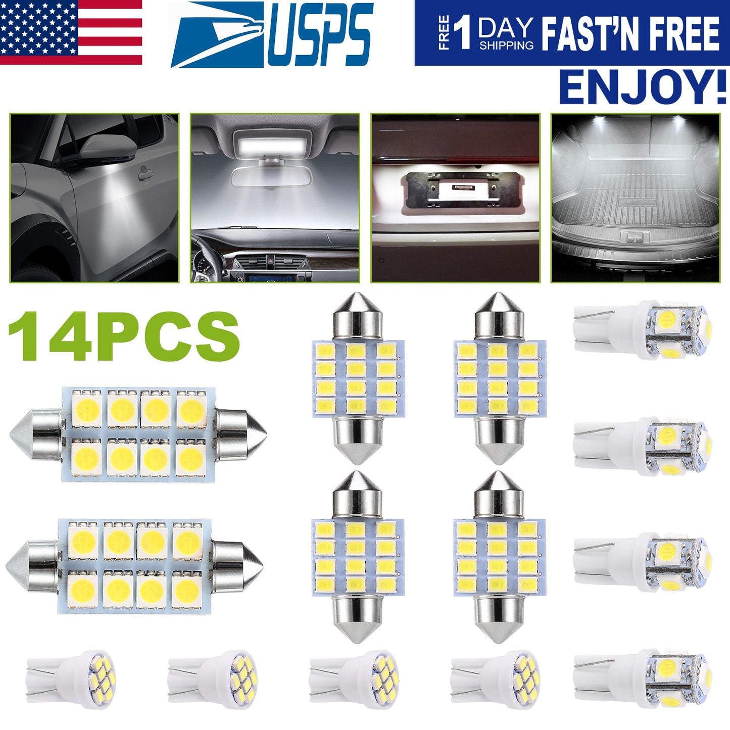 LJGelectro - 14Pcs T10 31mm 41mm Festoon LED Light Bulb Interior Dome Map LED Lights License Plate Trunk Side Positioning Lights 6000K White