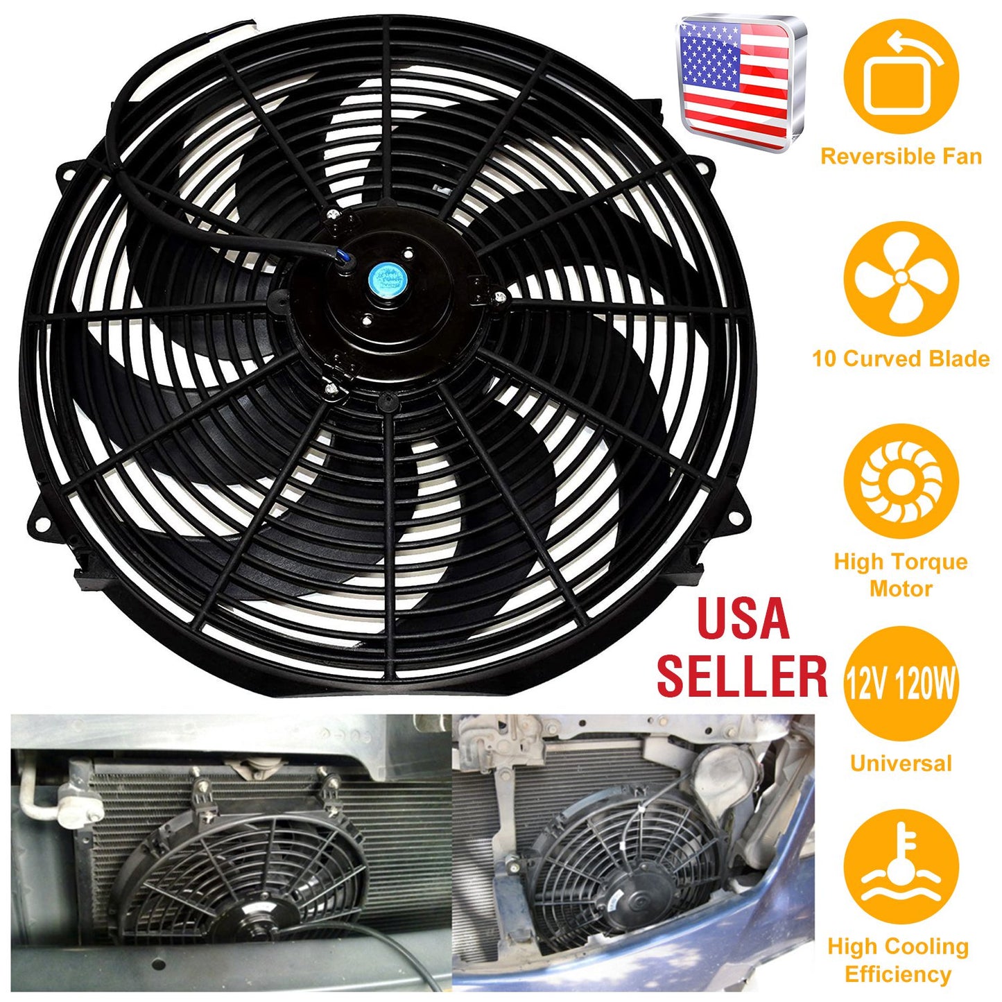 LJGelectro - 16 Inch Electric Radiator Cooling Fan 12V 120W 10 Blades Car w/ Mounting Kit