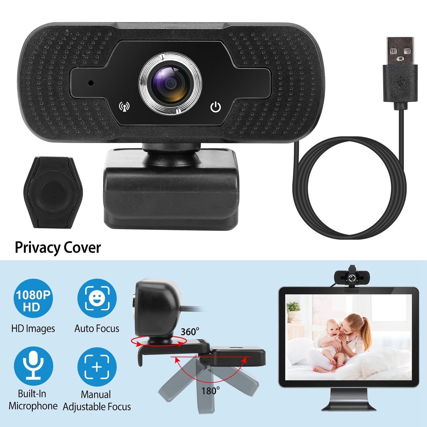 LJGelectro - FHD 1080P USB Webcam w/ Microphone Privacy Cover Rotatable Clip Streaming USB Camera Plug And Play For PC Video Conferencing Gaming Facetime Broadcast