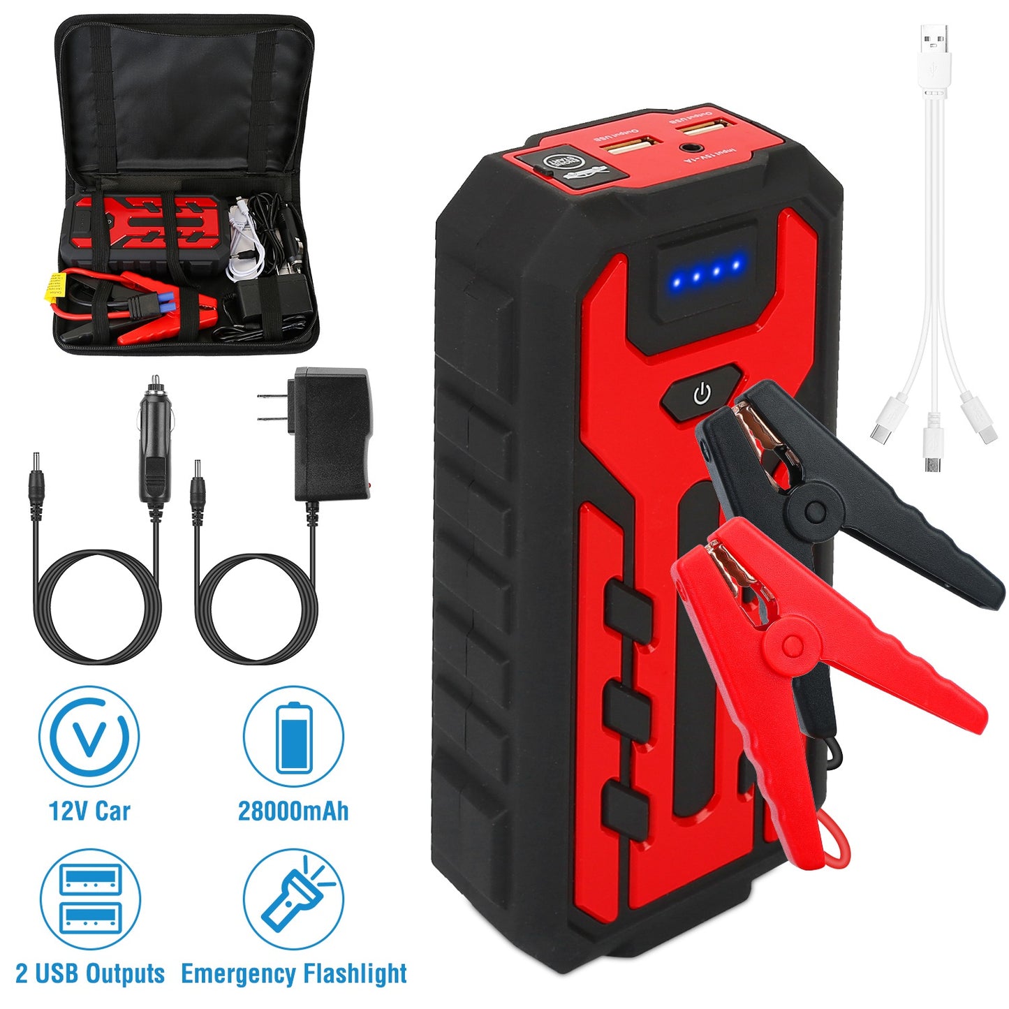 LJGelectro - Car Jump Starter Booster 800A Peak 28000mAh Battery Charger Power Bank w/ 4 Modes LED Flashlight for Up to 6.0L Gas or 4.0L Diesel Engine Car