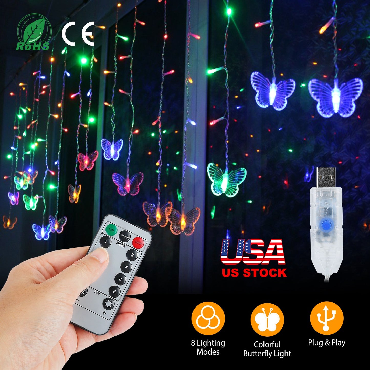 LJGelectro - Butterfly Curtain String Lights USB Powered Colorful LED Fairy Lamps w/8 Modes 96 LED Remote Control 11.5ft for Bedroom Weddings Christmas Party Decor