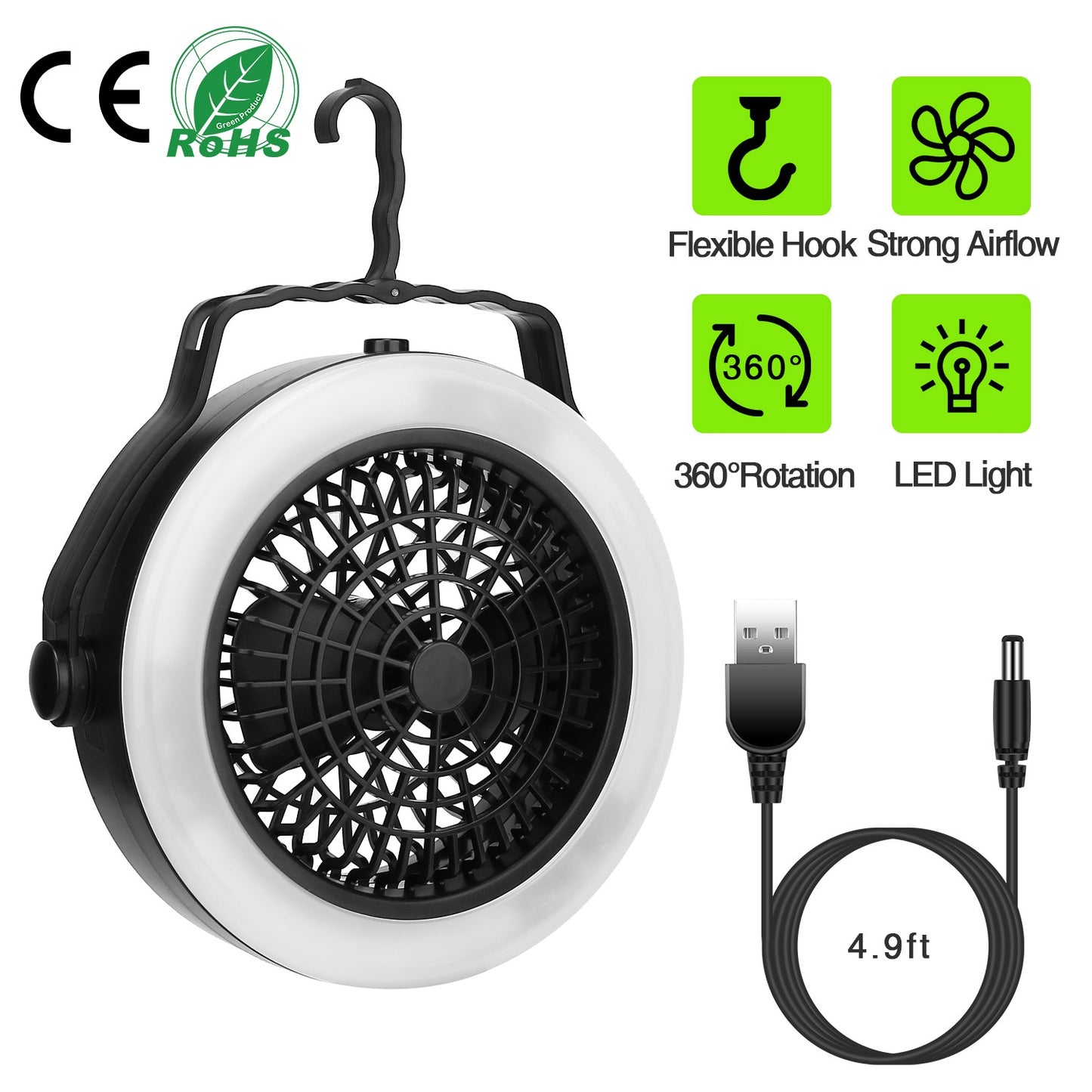 LJGelectro - Portable Camping LED Fan 2 in 1 Outdoor Battery/USB Operated Hanging Hook Camping Hiking Travel Lantern Cooling Fan