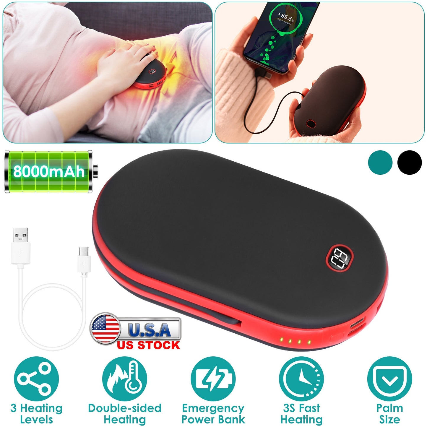 LJGelectro - 8000mAh 2 In 1 Electric Hand Warmer Rechargeable Hand Heater Portable Pocket Warmer with Power Bank 3 Heating Levels Digital Display Double-sided Heat