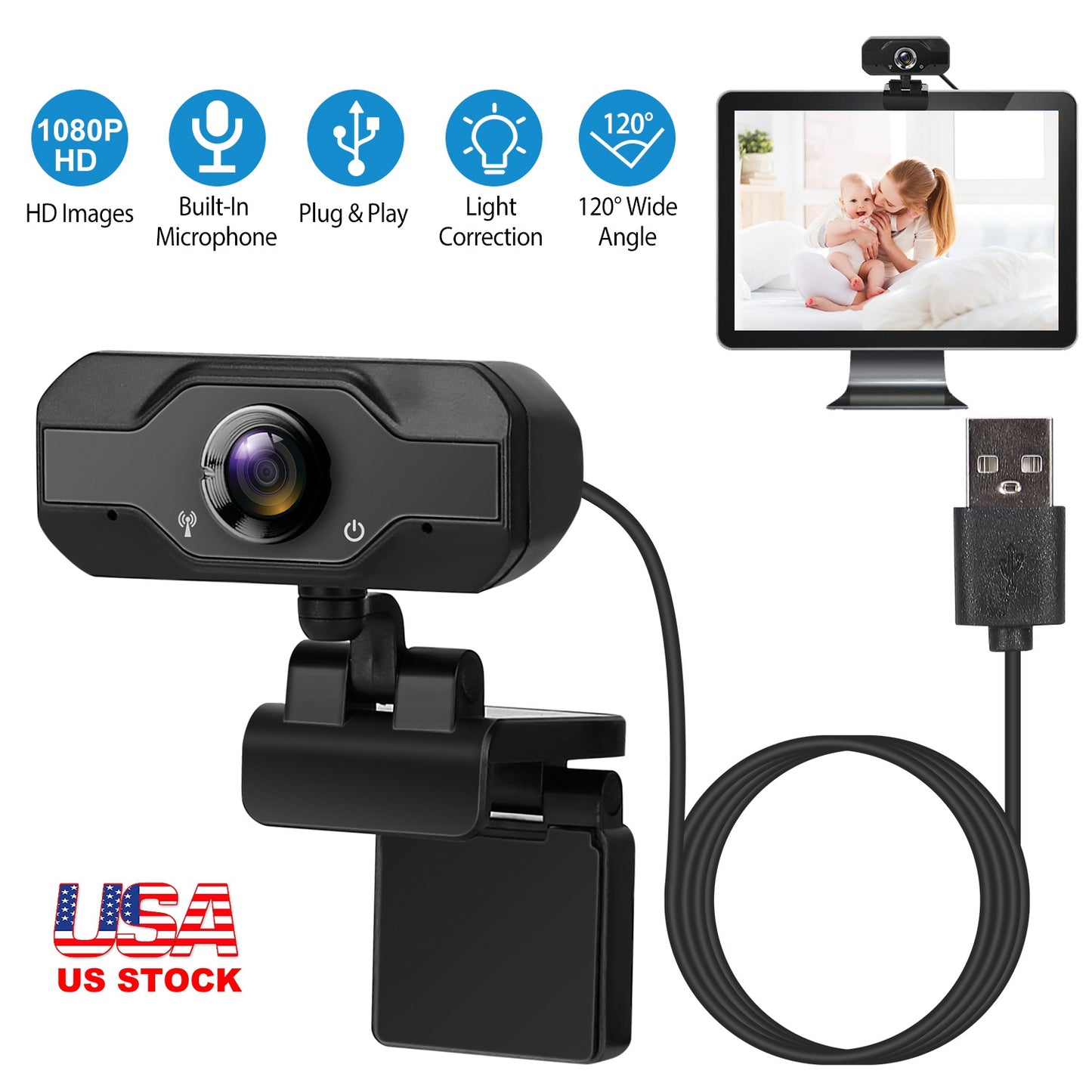 LJGelectro - FHD 1080P USB Webcam w/ 360° Rotatable Clip Streaming USB Camera Plug And Play For PC Video Conferencing Gaming Facetime Broadcast