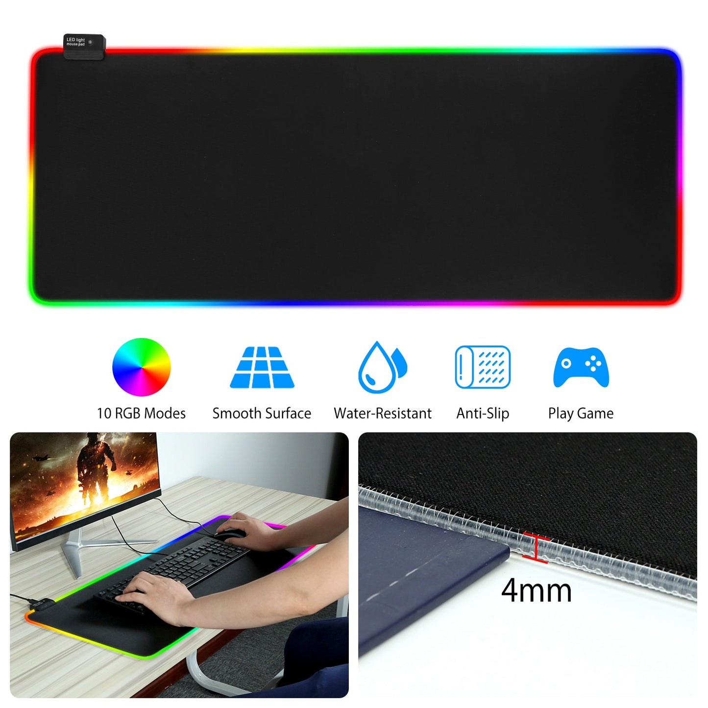 LJGelectro - Large LED Gaming Mouse Pad RGB Computer Keyboard Mouse Mat w/ 10 Light Modes Non-Slip Rubber Base for Game Office