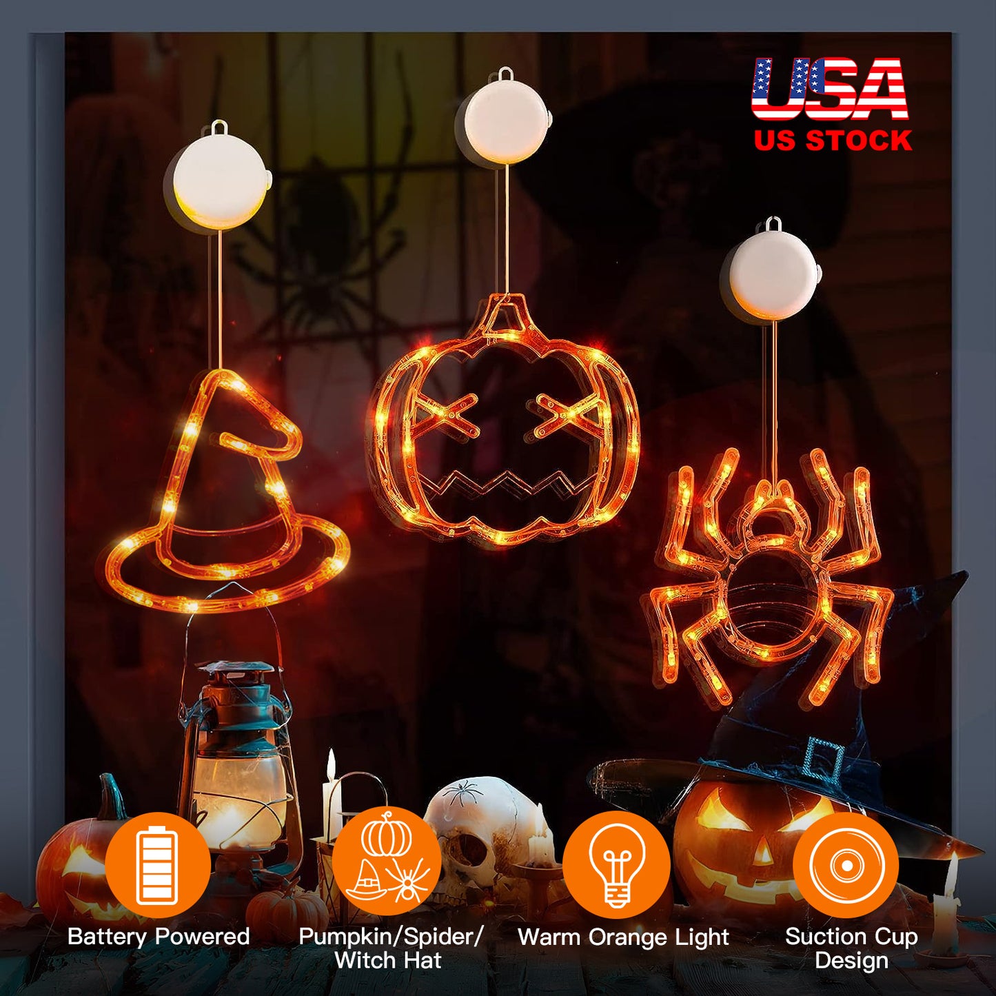 LJGelectro - 3 Pack Halloween Window Light Spider Witch Hat Pumpkin with Orange Light Hanging Halloween Decoration Light with Suction Cup Hanging Holes