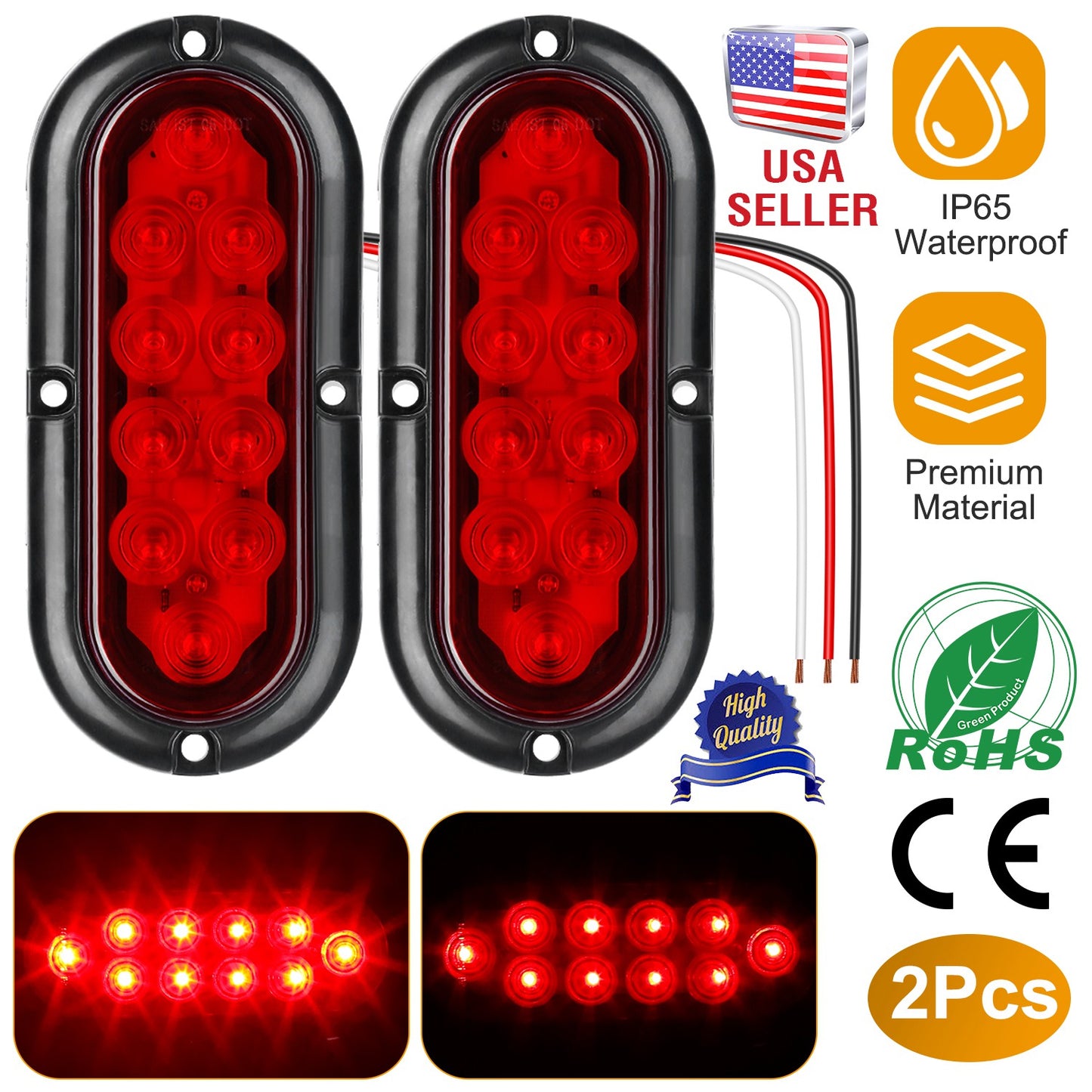 LJGelectro - 2Pcs Oval LED Brake Light 10LEDs Lamp Stop Turn Tail Light IP65 Waterproof Oval Red Trailer Tail Light for Trunk Jeep RV etc.