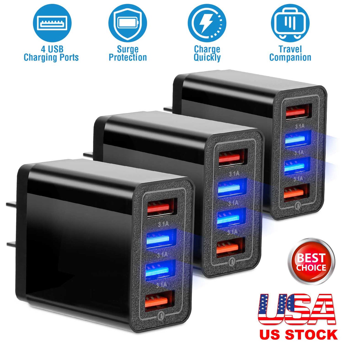 LJGelectro - 3 Packs 4-Port USB Wall Charger USB Hub Charger Wall Power Charging Plug Adapter Fit For Samsung Galaxy S9/S8 Note 8/9 iPhone Pad Tablet and More USB