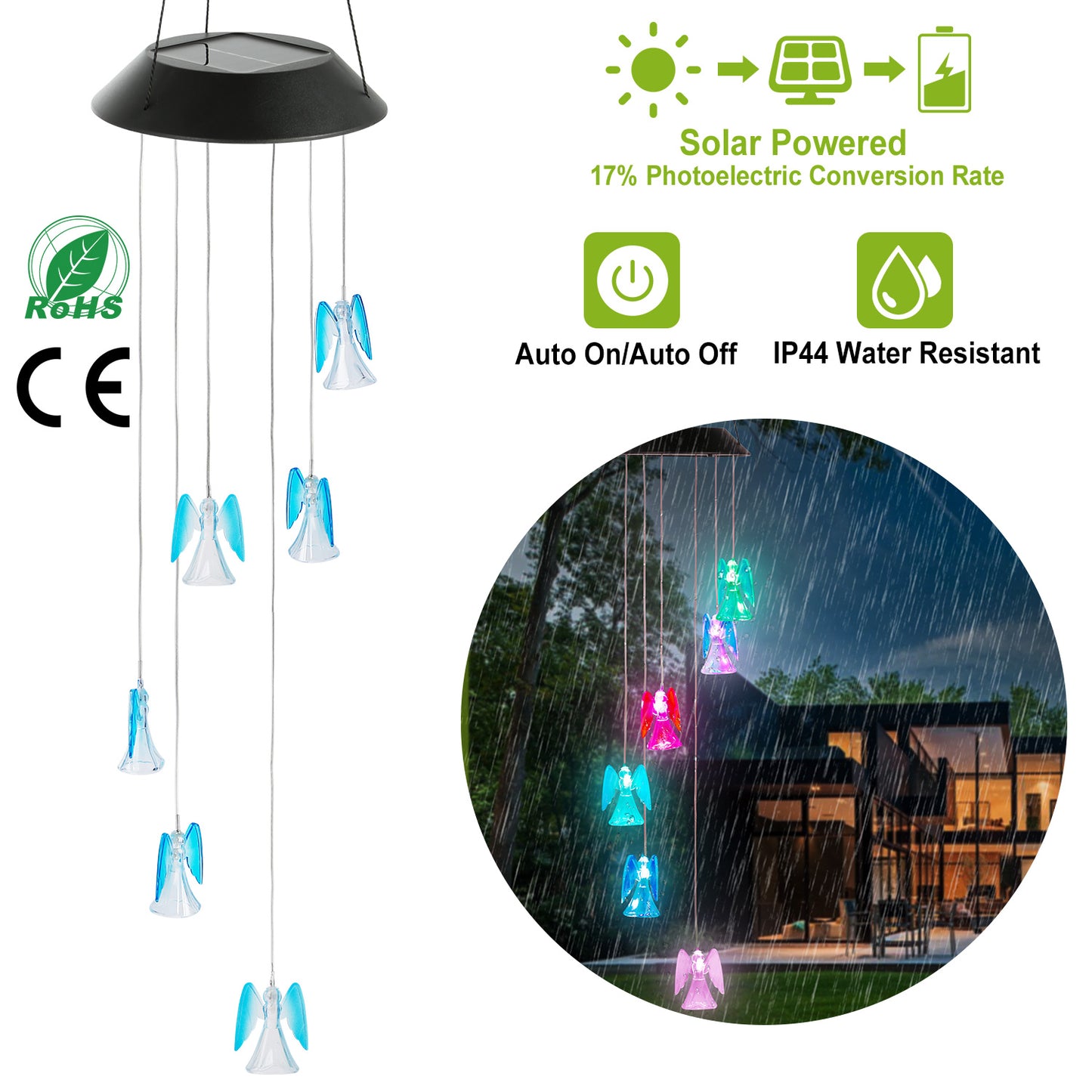 LJGelectro - Solar Powered Angel Lights Wind Chimes LED Color Changing Hanging Wind Lamp Water Resistant Decorative Night Lamp For Lawn Yard Balcony Porch