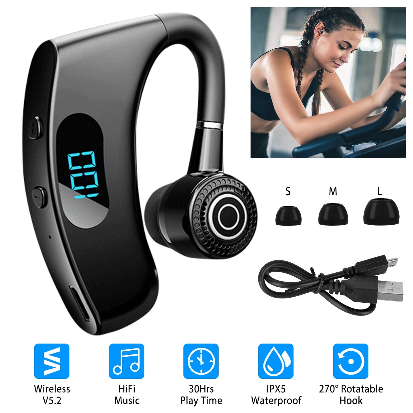 LJGelectro - Unilateral Wireless V5.2 Earpiece Rechargeable Wireless in-Ear Headset with Hook for Car Driving Phone Call Office