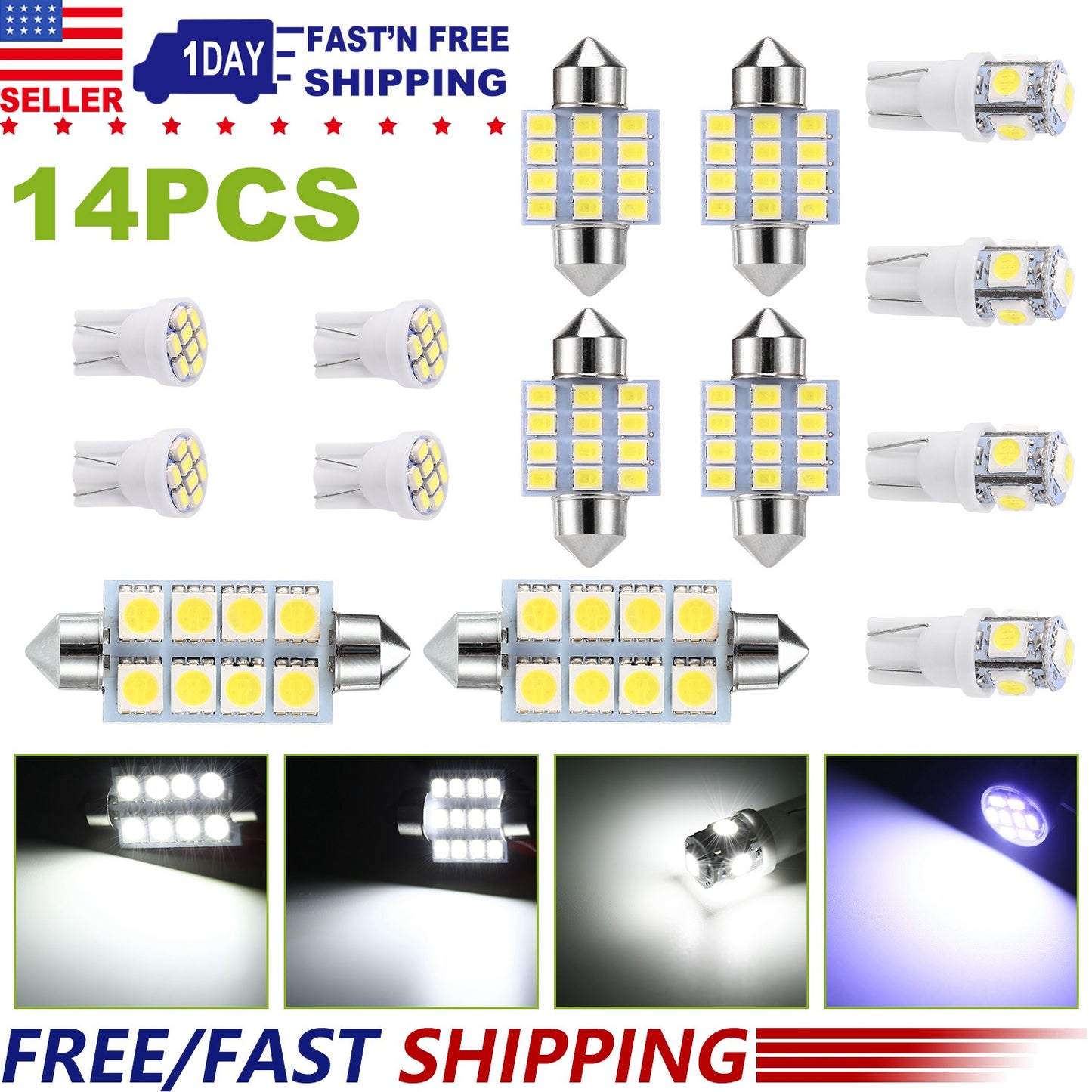 LJGelectro - 14Pcs T10 31mm 41mm Festoon LED Light Bulb Interior Dome Map LED Lights License Plate Trunk Side Positioning Lights 6000K White