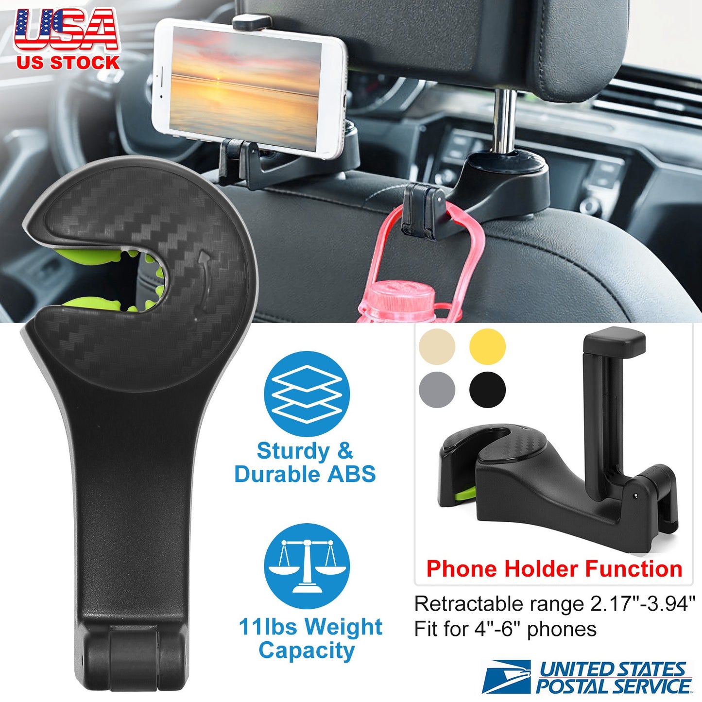 LJGelectro - Car Hook Car Seat Back Hook Car Headrest Hook Hanger with Phone Mount Holder Lock Phone Bracket