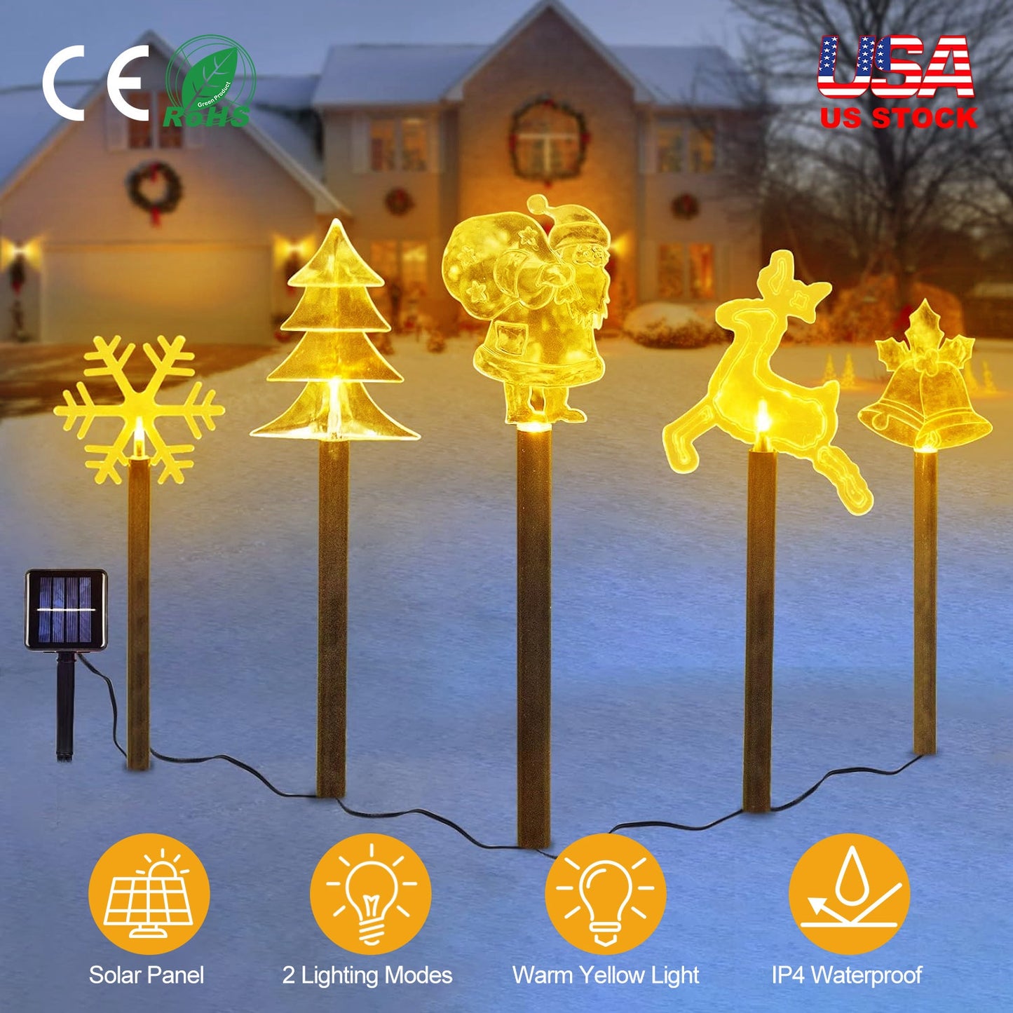 LJGelectro - 5Pcs Mixed Christmas Decoration Light Solar Stake Light Waterproof Reindeer Snowflake Bell Christmas Tree Santa Claus Light Outdoor Landscape Light