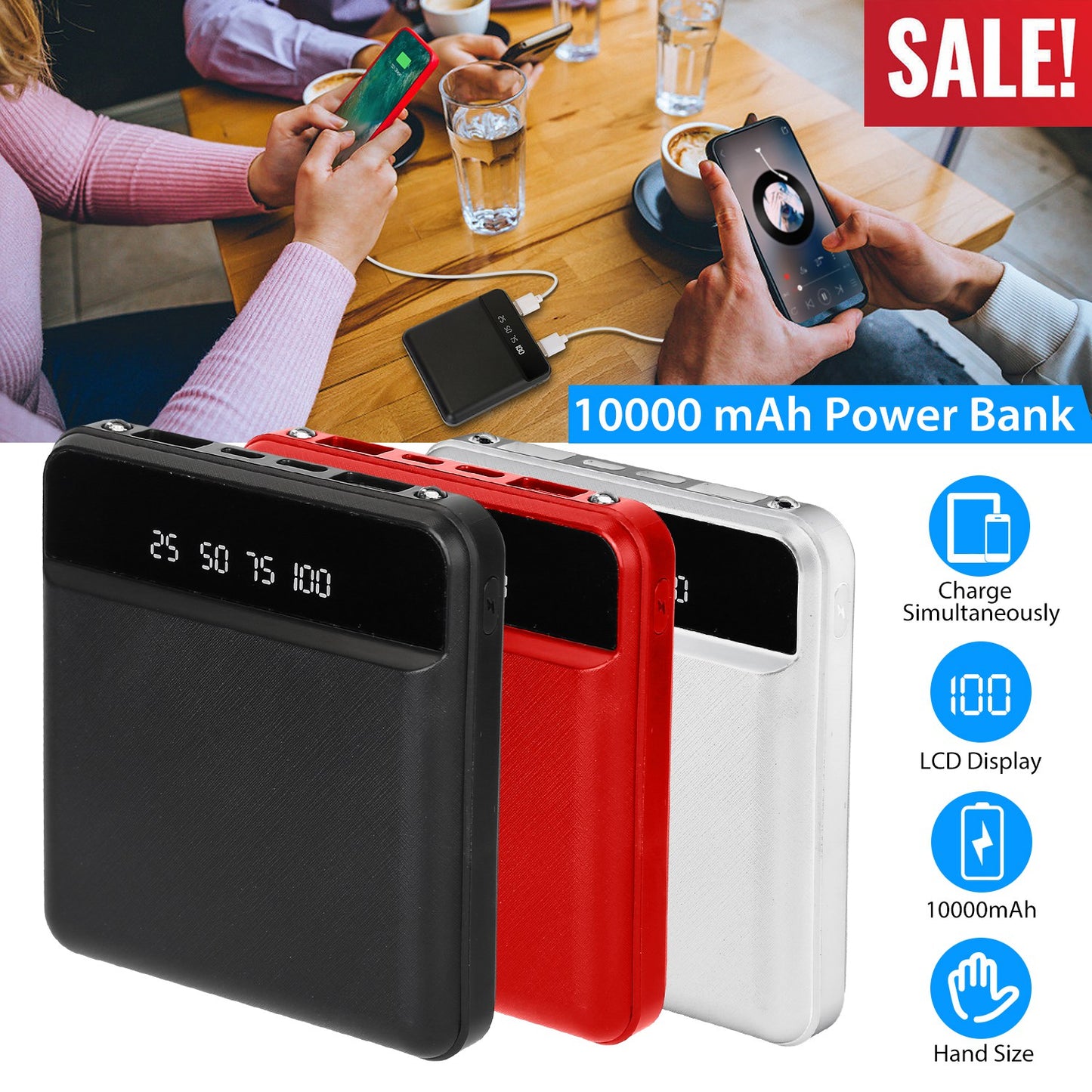 LJGelectro - 10000mAh Portable Power Bank Mini External Battery Pack Charger w/ Dual USB Ports LCD Display Type C Micro USB Input Ports