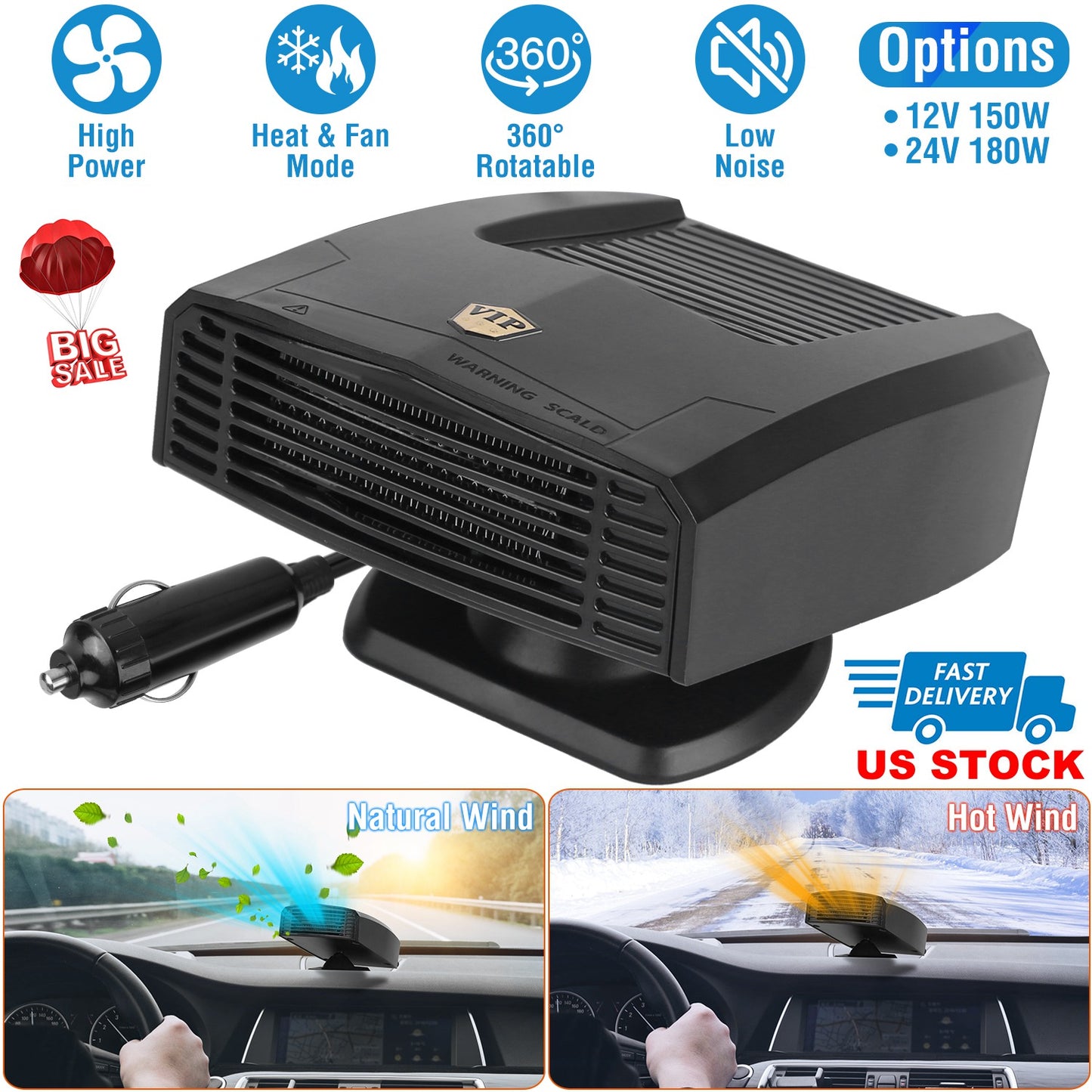 LJGelectro - 24V 180W Portable Car Heater Heating Fan 2 in 1 Defroster Defogger Demister Windshield Heater Automotive Cooling Fan with 360°Rotating Base