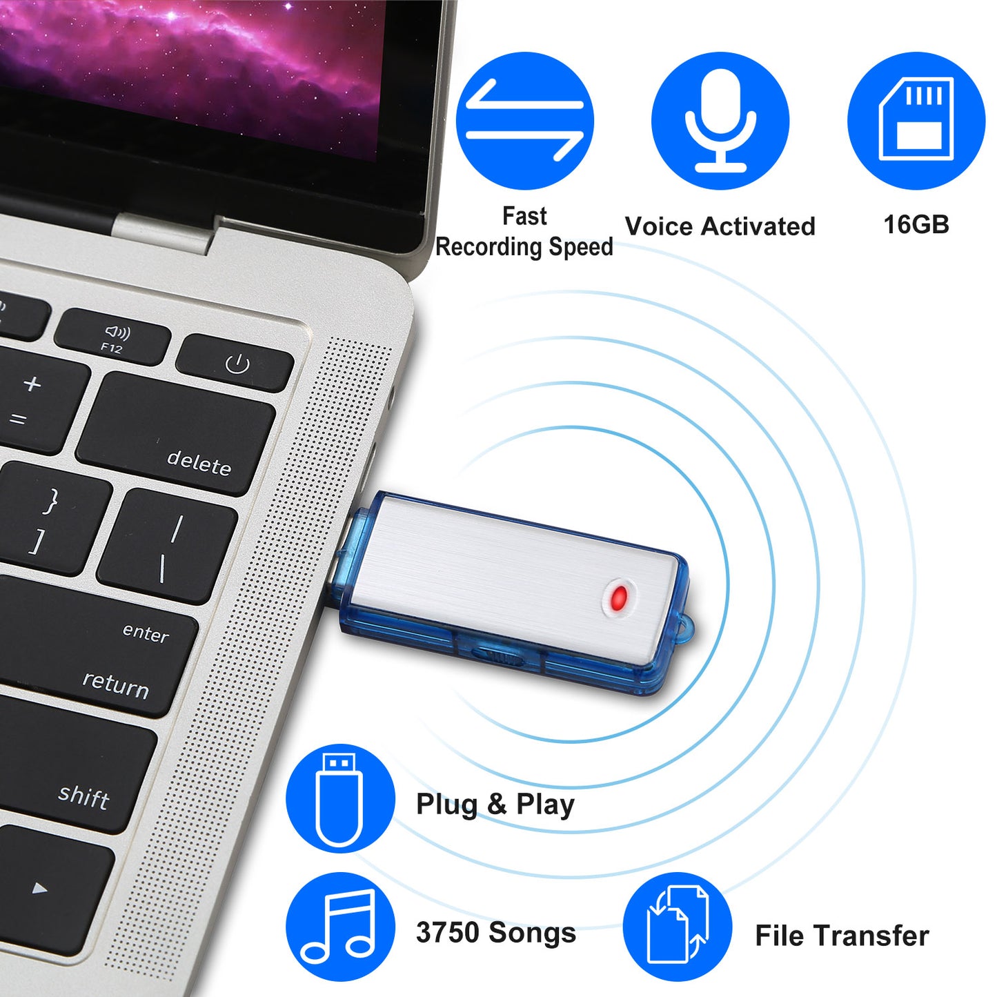 LJGelectro - Mini Voice Recorder 16GB Digital Sound Audio Activated Recorder USB Flash Drive Disk w/ 192Hrs Recording U Disk Recorder For Meeting Lectures