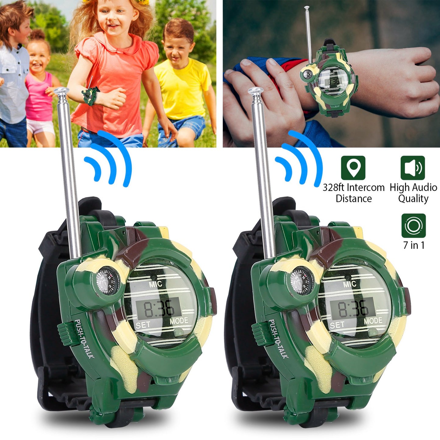 LJGelectro - 2Pcs Walkie Talkies Watches Toy 7 in 1 Two-Way Interphone Kids Wrist Watch w/ Flashlight Christmas Gift for Boys Girls Age 6+