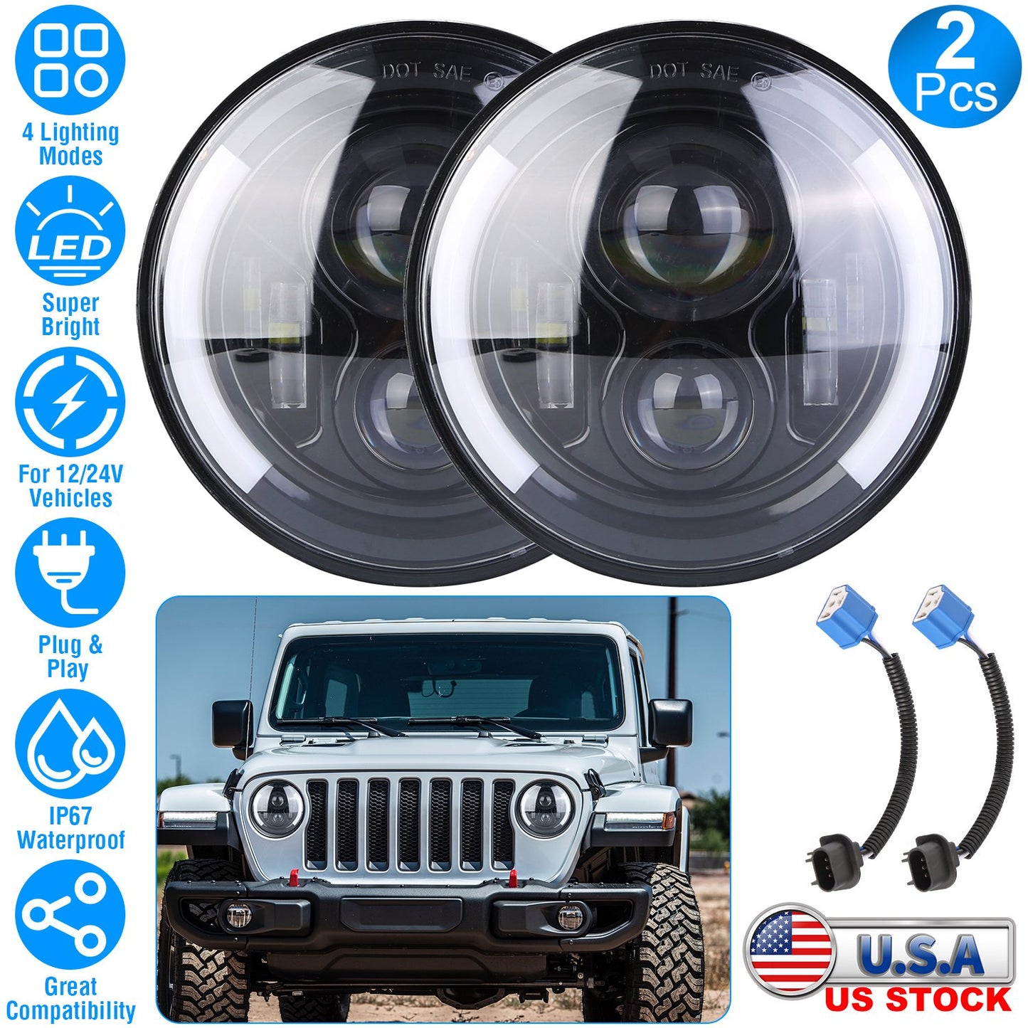 LJGelectro - 2Pcs 7In 40W Round LED Headlights 3800LM Halo Car Headlamp with DRL Turn Light High Low Beam Fit for Honda Yamaha Motorcycle Jeep Wrangler TJ JK CJ