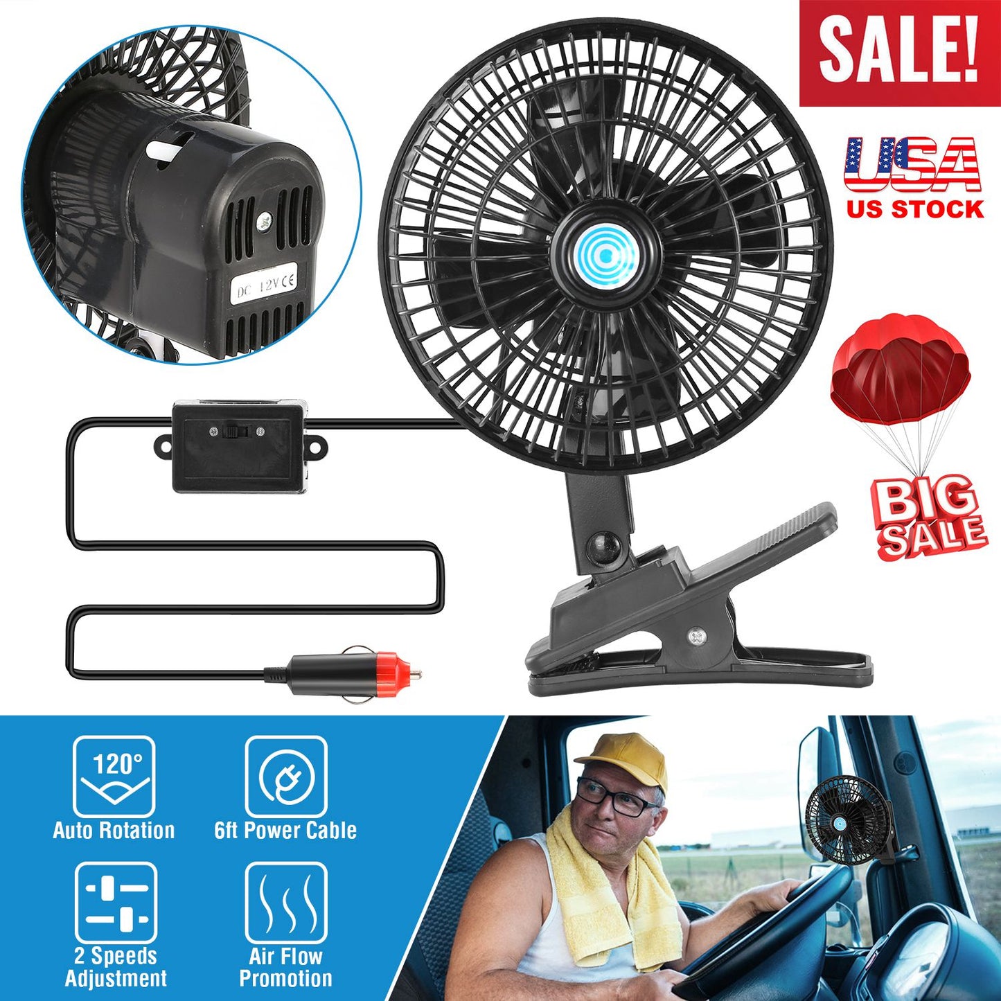 LJGelectro - 12V Car Fan Oscillating Clip On Cooling Fan w/ 2 Speeds 120°Rotation Personal Electric Fan for Car Truck Vans