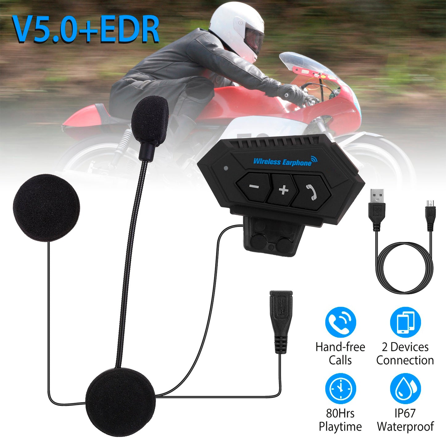 LJGelectro - Wireless Headset Speaker Motorcycle Helmet Motorbike Headphone IP67 Waterproof