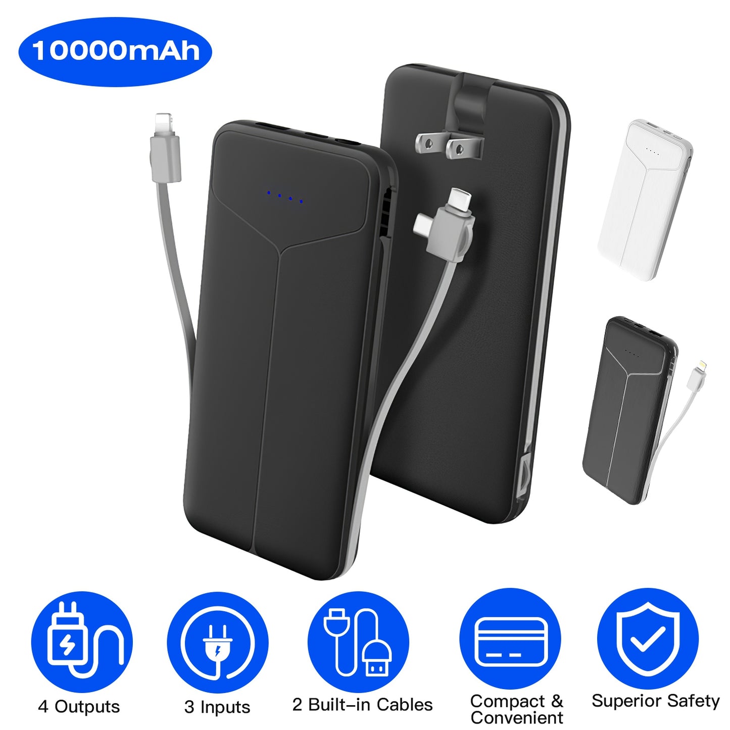 LJGelectro - 10000mAh Power Bank Portable Charger with US Plug 2 Built-in Cables External Battery Pack with 4 Ouputs 3 Inputs Fit For IOS Phone 14 Android And More