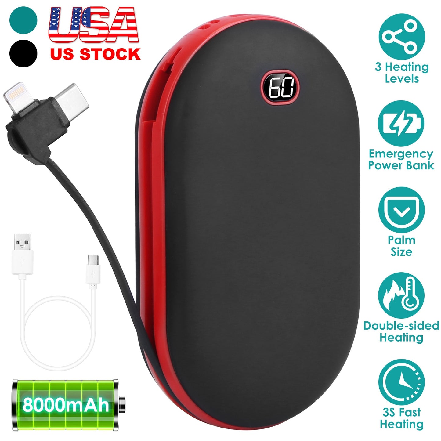 LJGelectro - 8000mAh 2 In 1 Electric Hand Warmer Rechargeable Hand Heater Portable Pocket Warmer with Power Bank 3 Heating Levels Digital Display Double-sided Heat