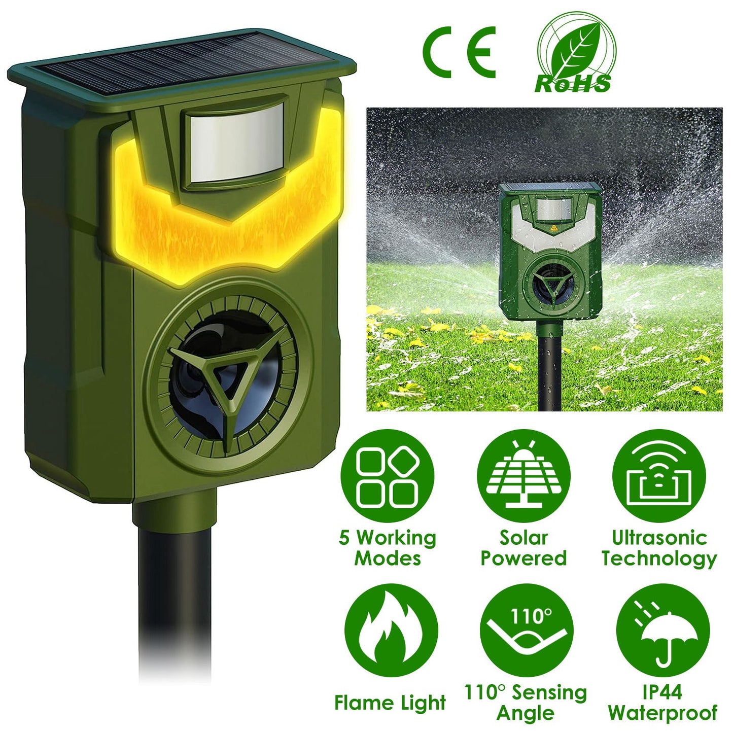 LJGelectro - Solar Ultrasonic Animal Repeller with Flame Light USB Charge Motion Sensor Animal Repellent Chaser IP55 Waterproof Dog Raccoon Fox Skunk