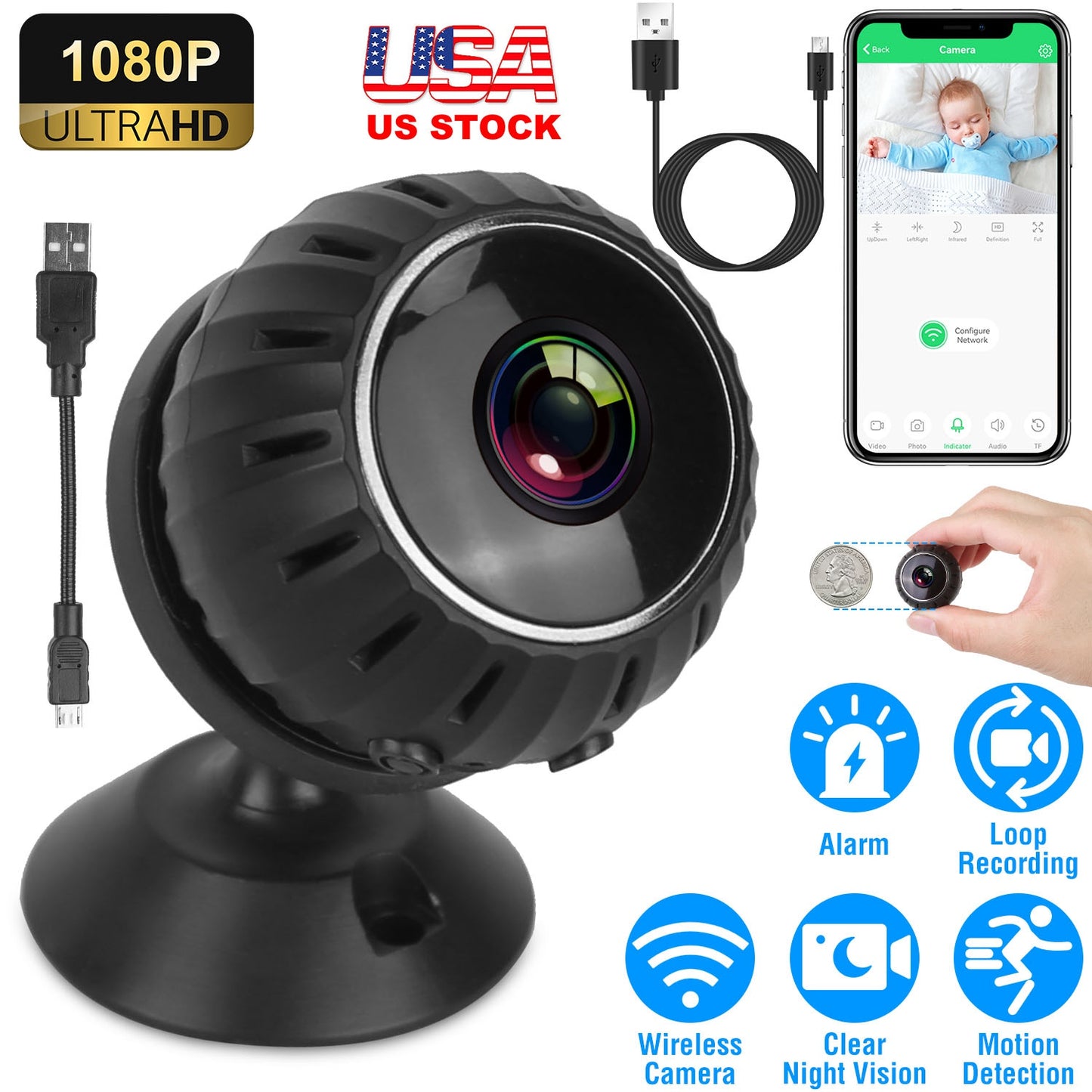 LJGelectro - Mini Wireless Camera Wifi IR Night Vision HD 1080p Home Security Camera for Home Indoor Office Baby Pet