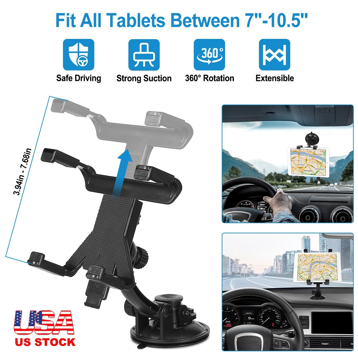 LJGelectro - 360° Car Windshield Tablet Mount Holder Dashboard Tablet Stand For 7-10.5" Tablet GPS