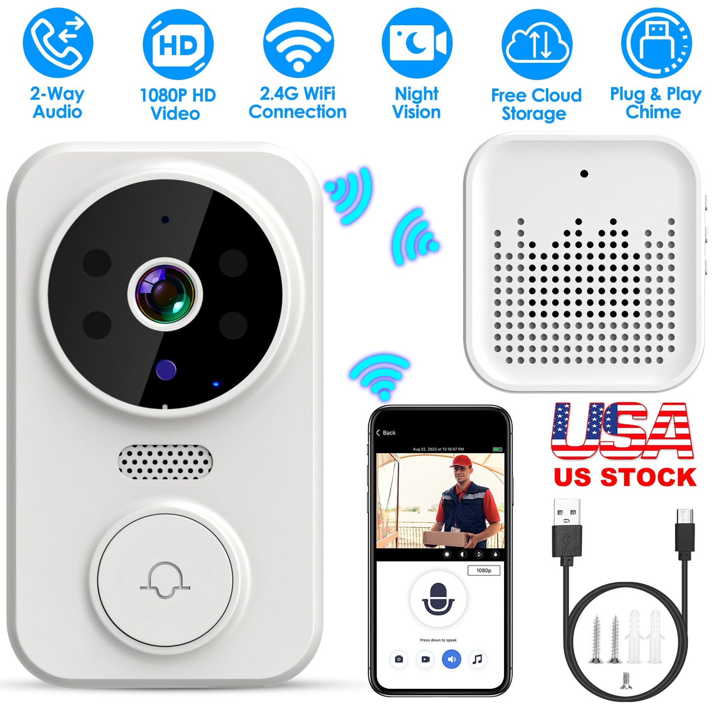 LJGelectro - WiFi Security Doorbell Camera with Volume Adjustable Wireless Chime 1080P Camera Night Vision 2-Way Audio Free Cloud Storage