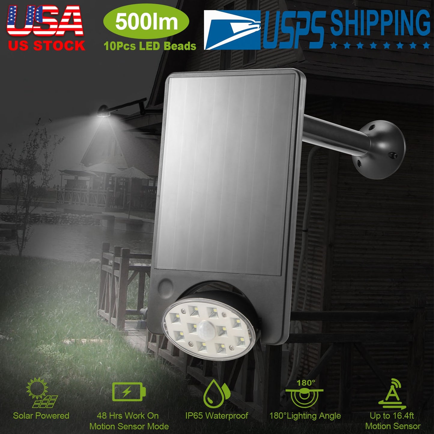 LJGelectro - Solar Spotlights Outdoor 10LEDS Landscape Lights 120° Motion Sensor Lamps 180°Lighting IP65 Waterproof for Garage Garden Front Door