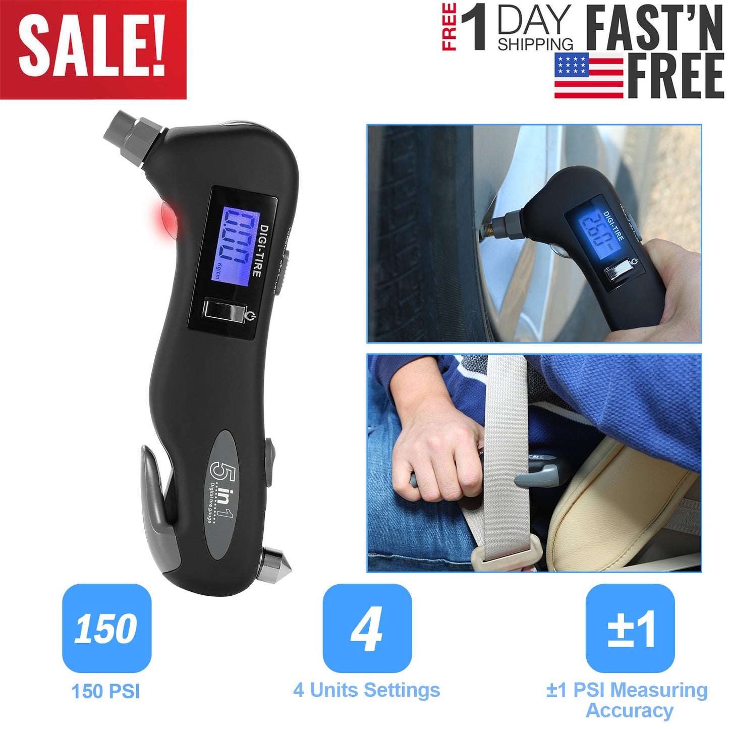 LJGelectro - Auto Digital Tire Pressure Gauge 150 PSI 4 Settings LED Flashlight Window Breaker Seat Belt Cutter Emergency Tools 5 in 1 for Car Truck