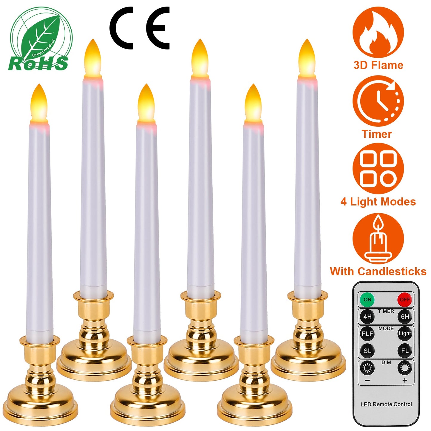 LJGelectro - 6 Packs Flameless Taper Candles 9.8in Electric LED Candles Warm White w/ 4 Light Modes Remote Control Timer Removable Candlesticks