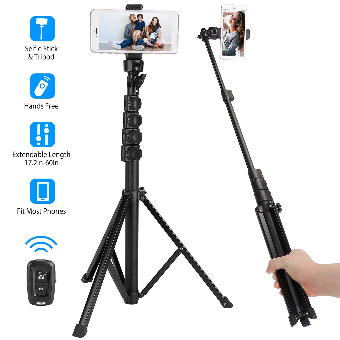 LJGelectro - Selfie Sticker Tripod Wireless Desktop Phone Tripod Stand Holder Telescopic Selfie Stick with Remote Shutter 60in Extendable Fit for 6.1-6.8” iPhone 1