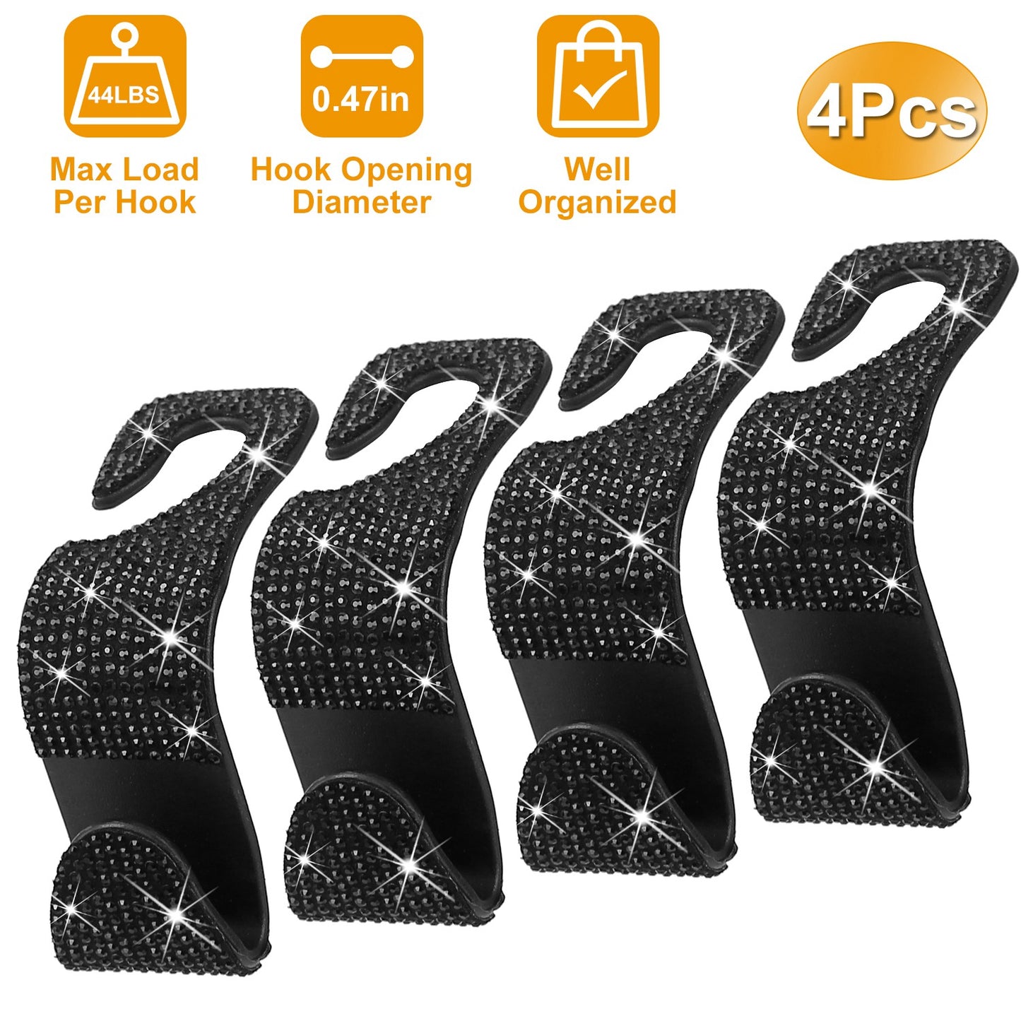 LJGelectro - 4Pcs Car Headrest Hooks Bling Rhinestones Back Seat Organizer Hanger Holder For Bag Purse Cloth Grocery Umbrellas